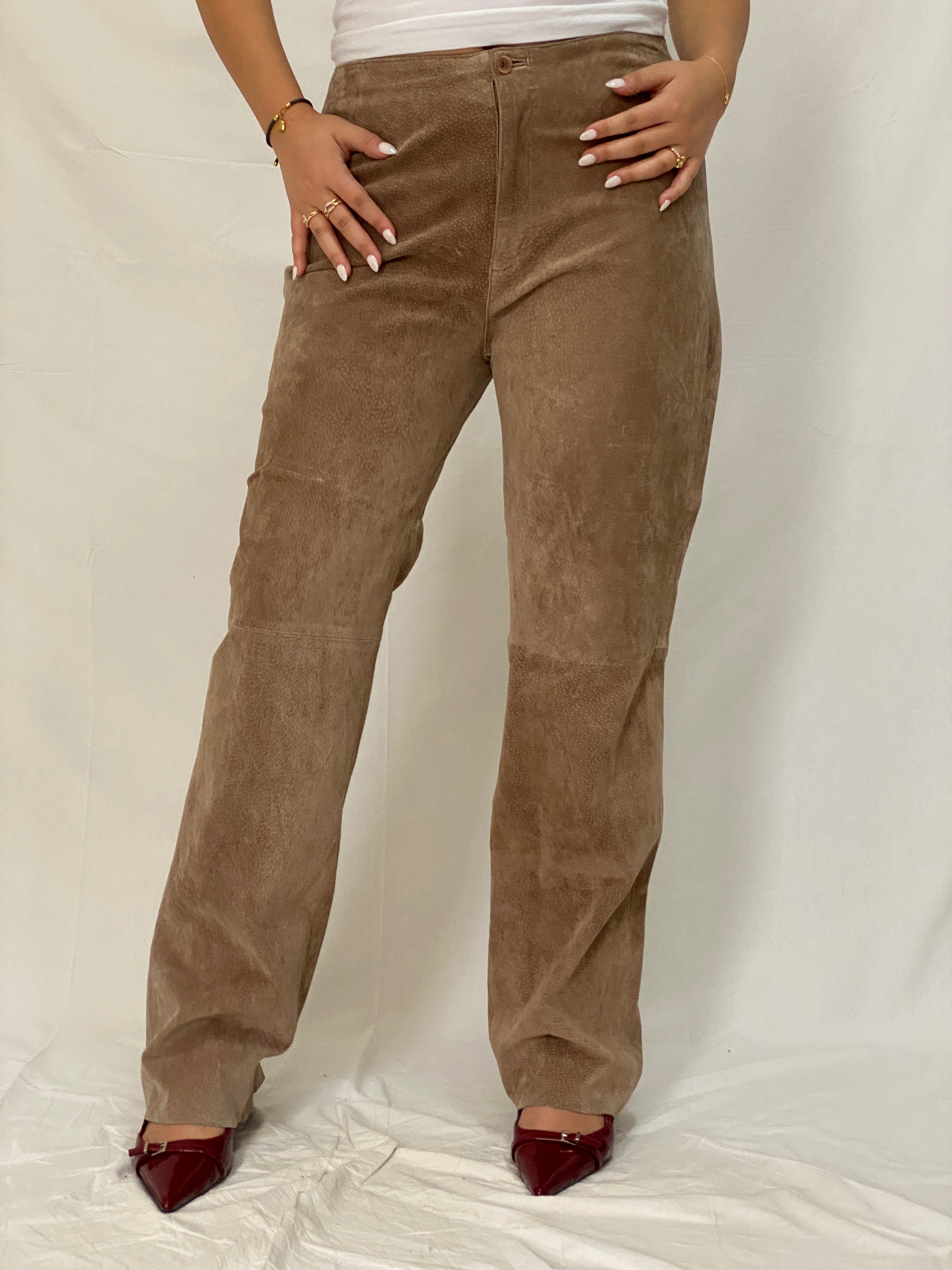 Vintage Live a Little Genuine Suede Pants Tan High-Waist Straight-Leg Trousers- L