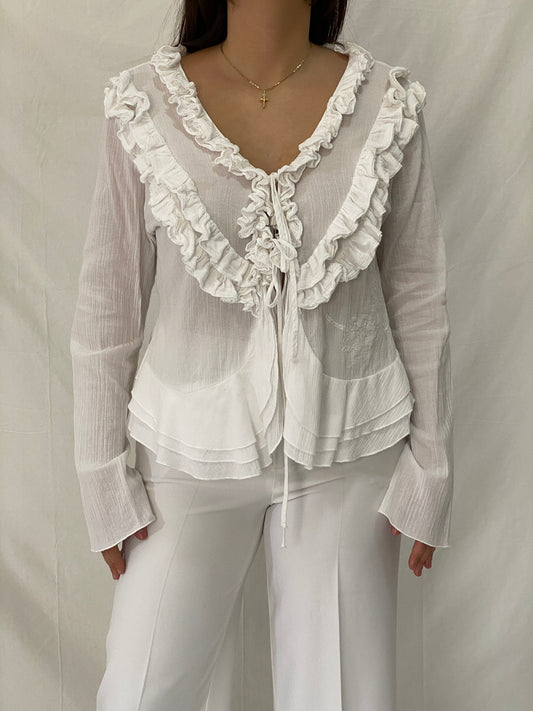 Vintage Y2K White Ruffled Sheer Cardigan Tie Front Romantic Fairy Grunge Blouse - L