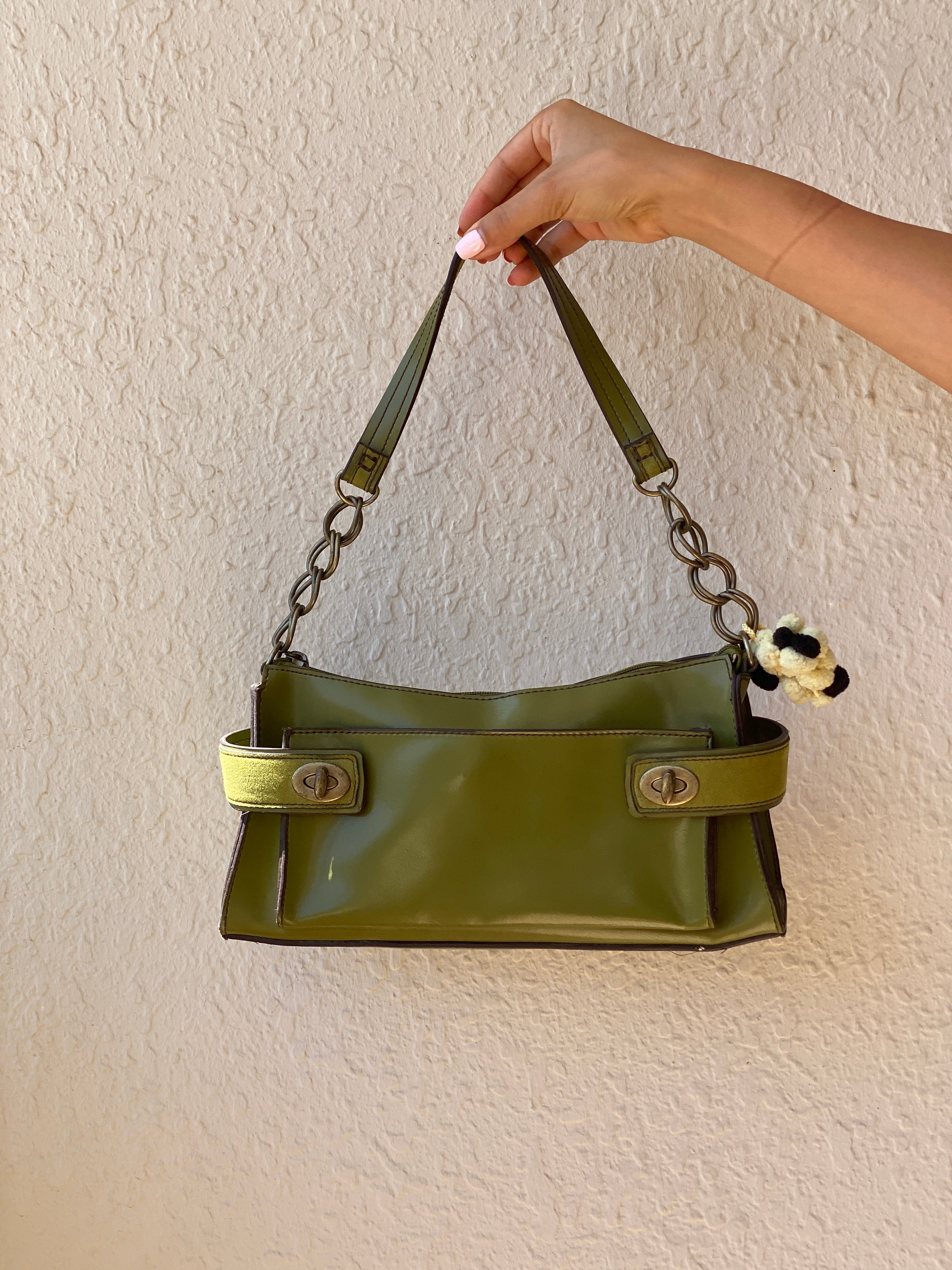 Vintage Emillie M. Green Faux Leather Shoulder Bag with Chain Strap