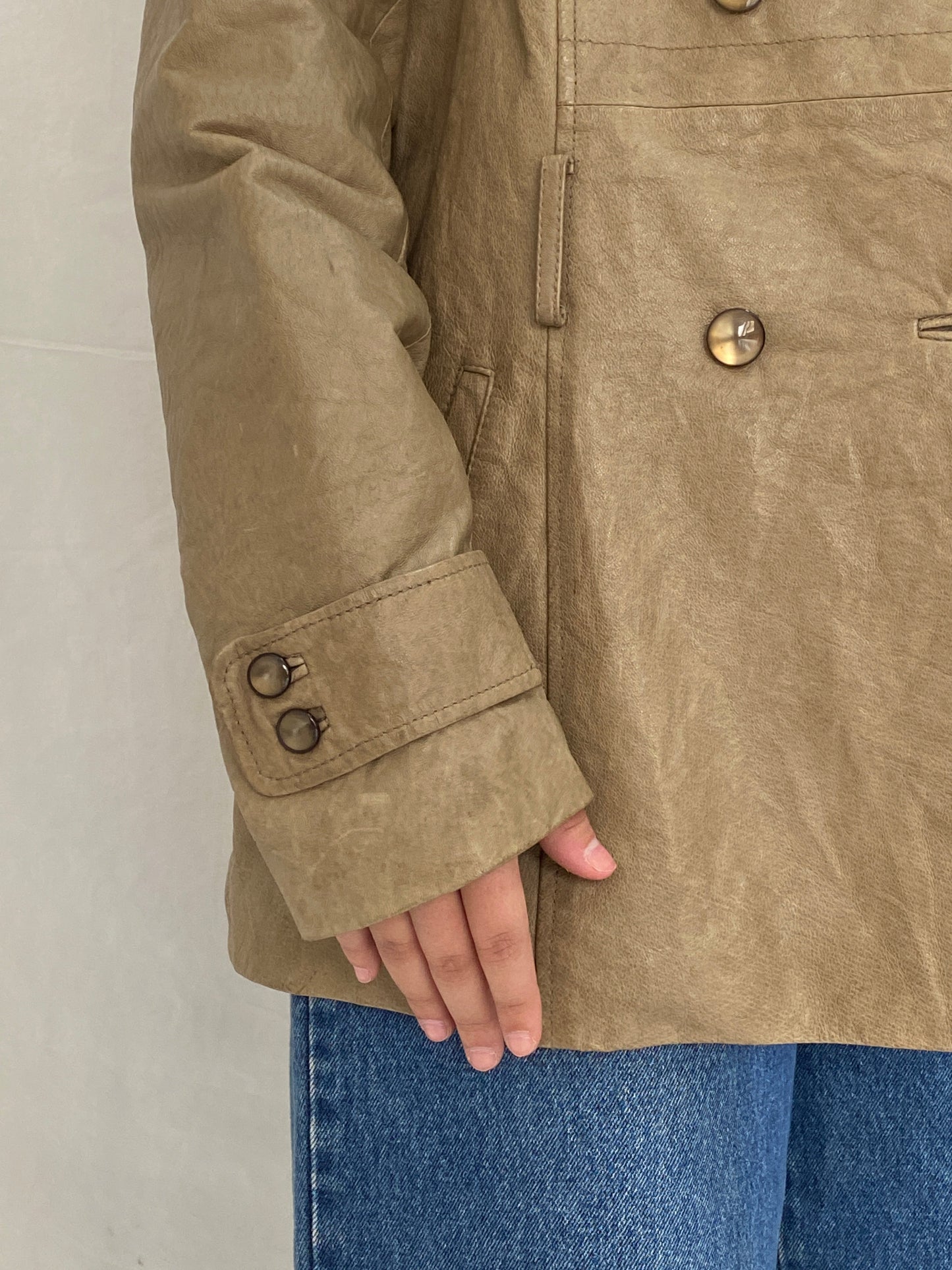 Vintage Plural Genuine Leather Olive Green Trench Style Jacket - L