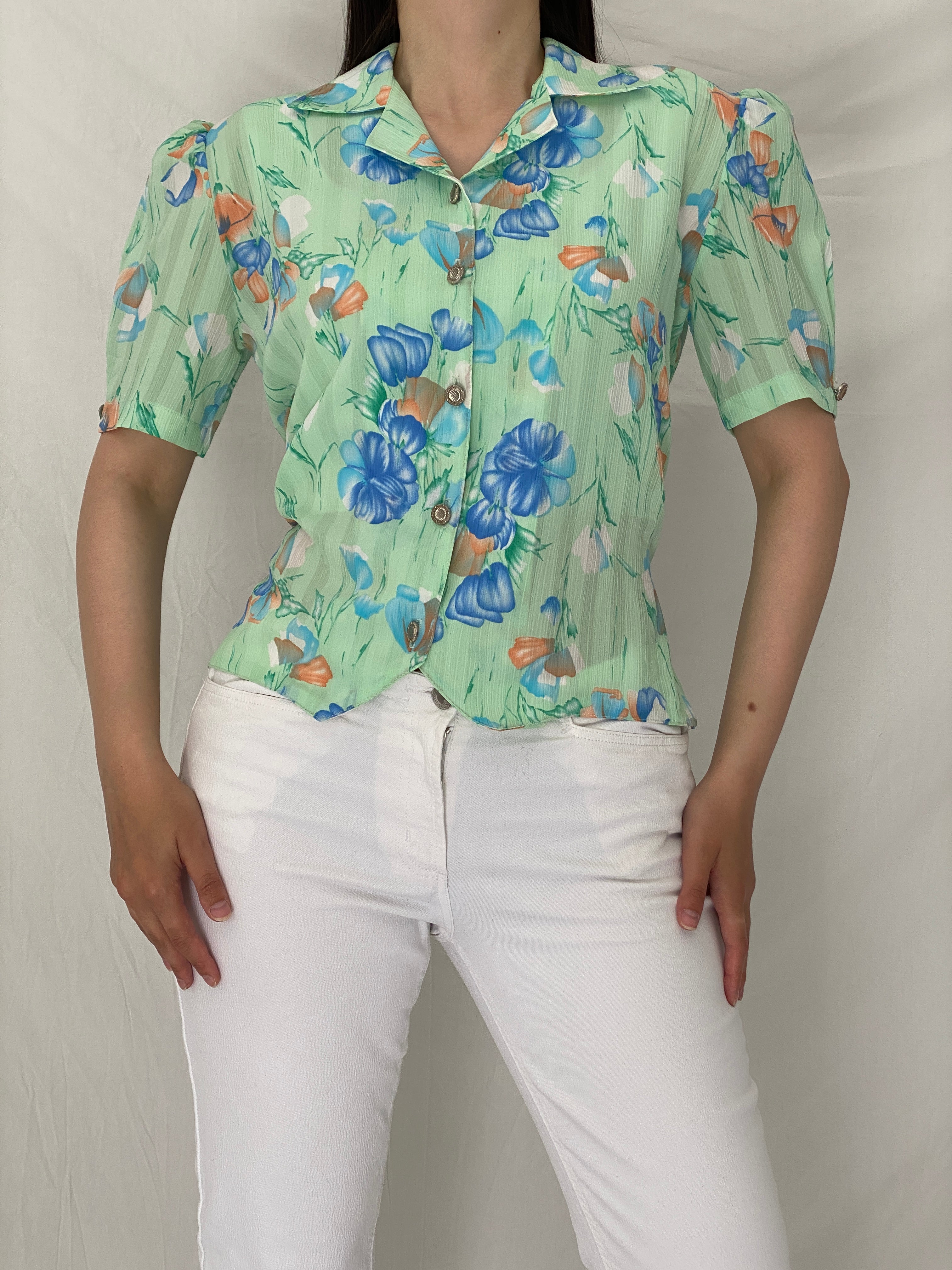 Vintage French Mint Floral Sheer Puff Sleeve Blouse Soft Girl Top – S
