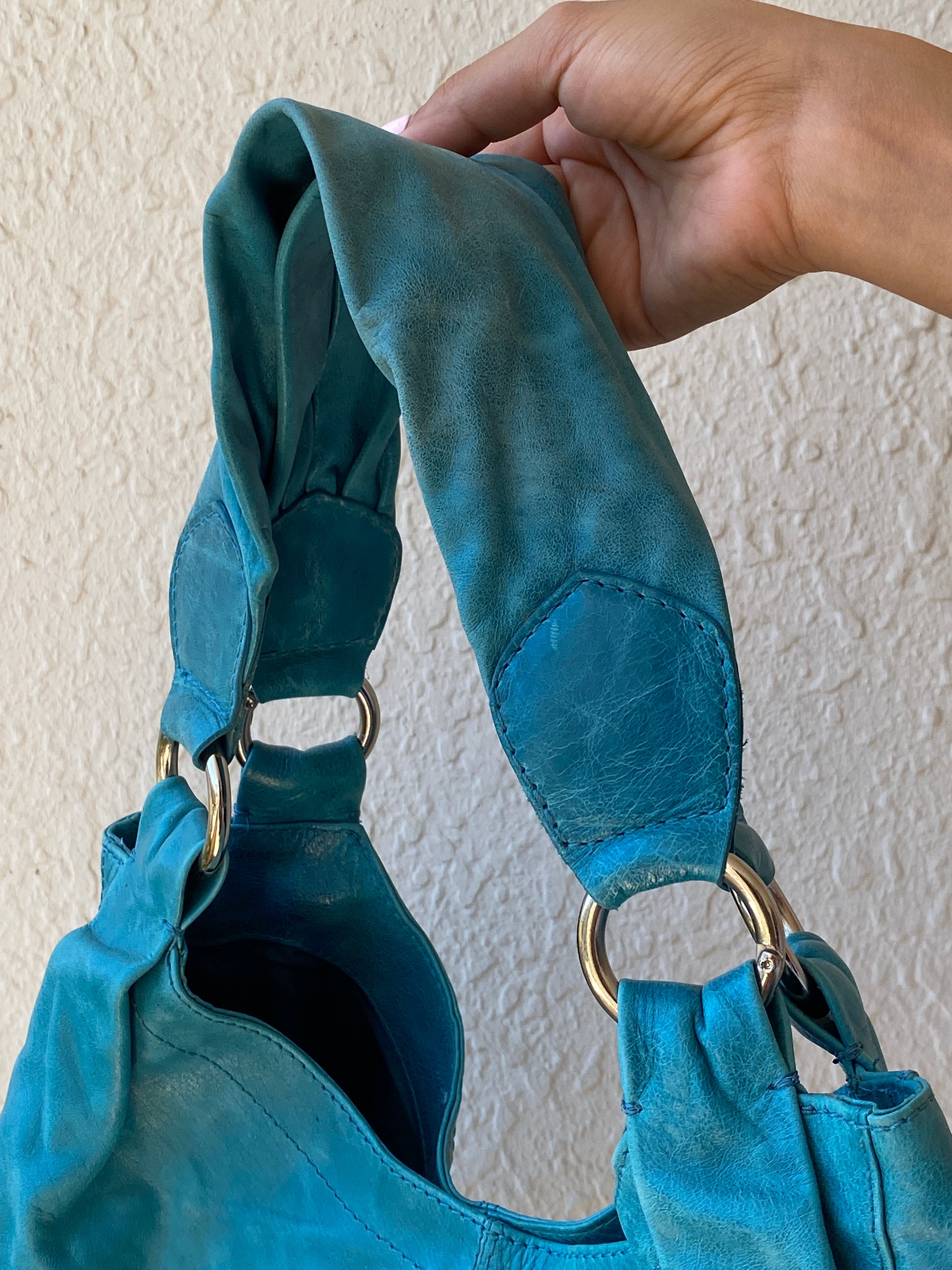 Vintage Y2K Bejin Korf Turquoise Genuine Leather Slouchy Hobo Shoulder Bag