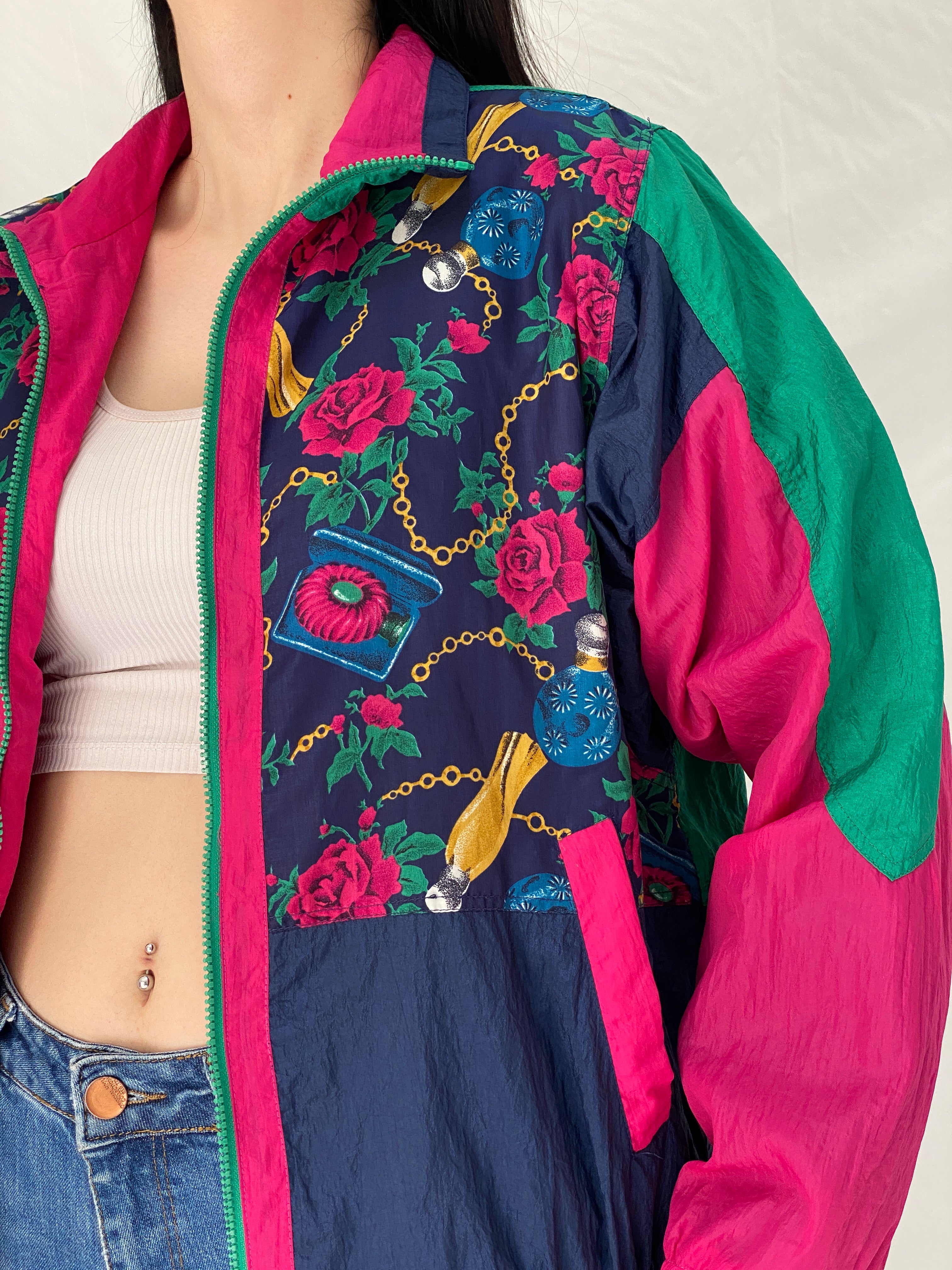 Vintage 90s Active Club Colorblock Windbreaker Track Jacket Navy Pink Green Sports Jacket - S