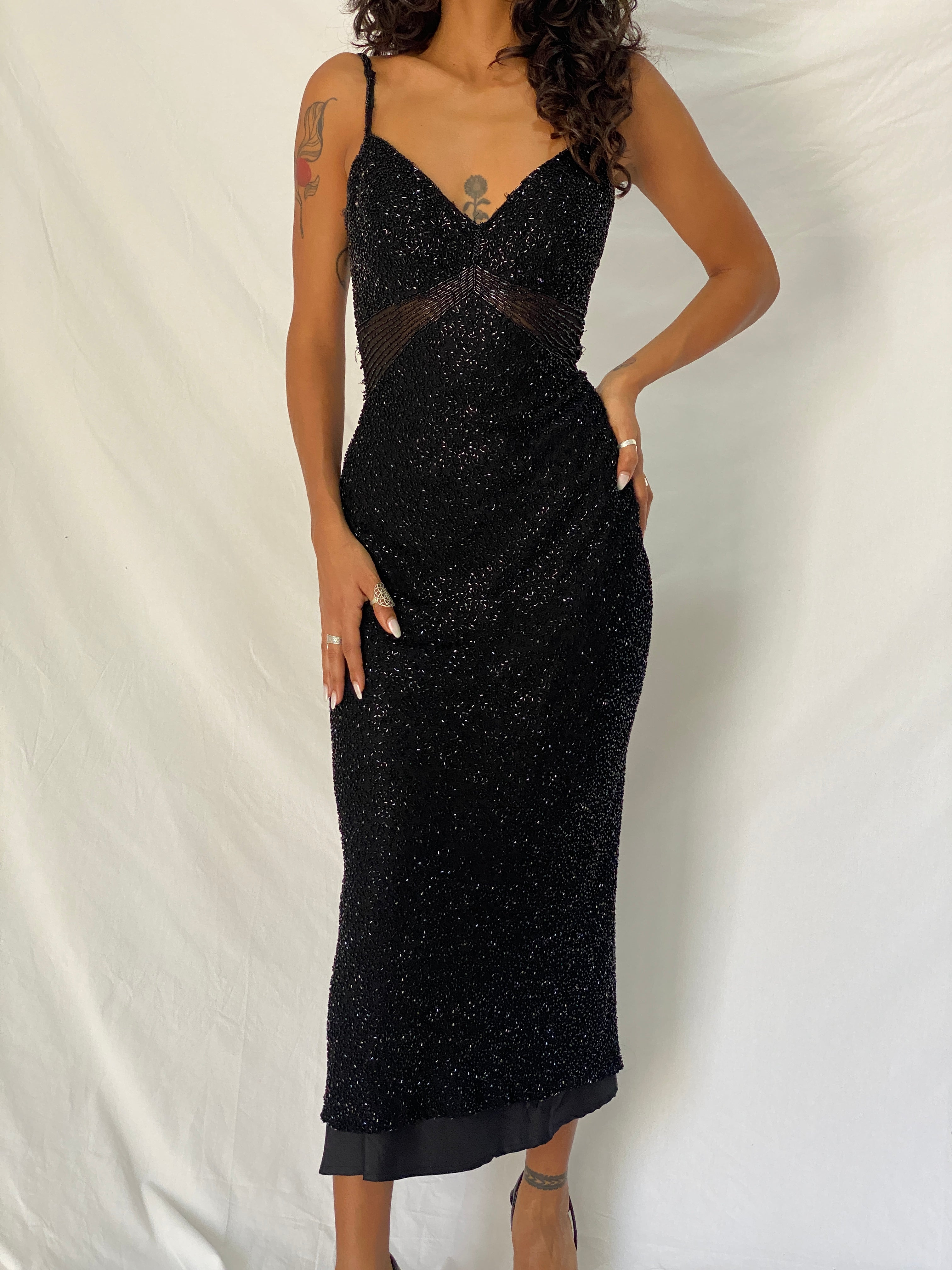 Vintage Y2K Scala Black 100% Silk Beaded Sheer Waist Evening Midi Dress - S