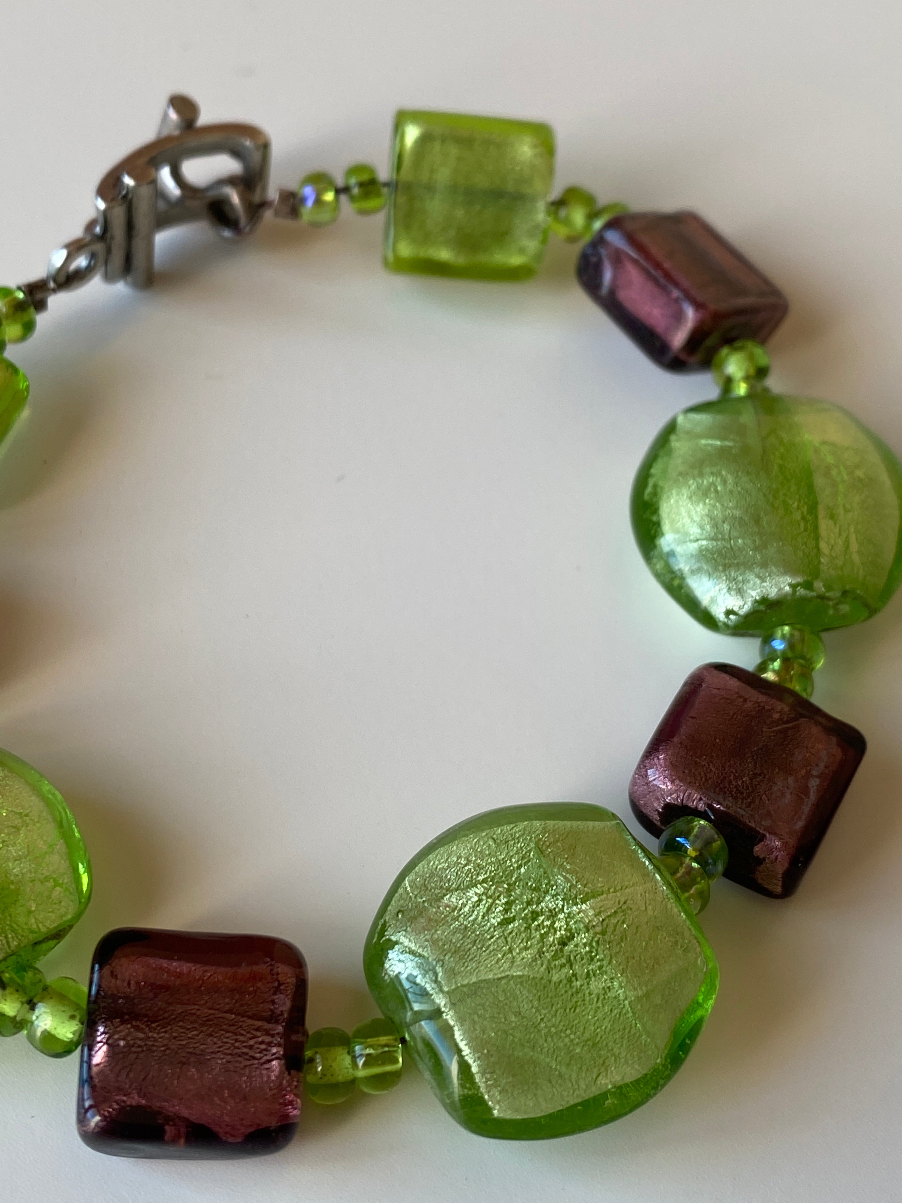 Vintage Lampwork Glass Bead Bracelet Green & Plum Artisan Beads with Toggle Clasp