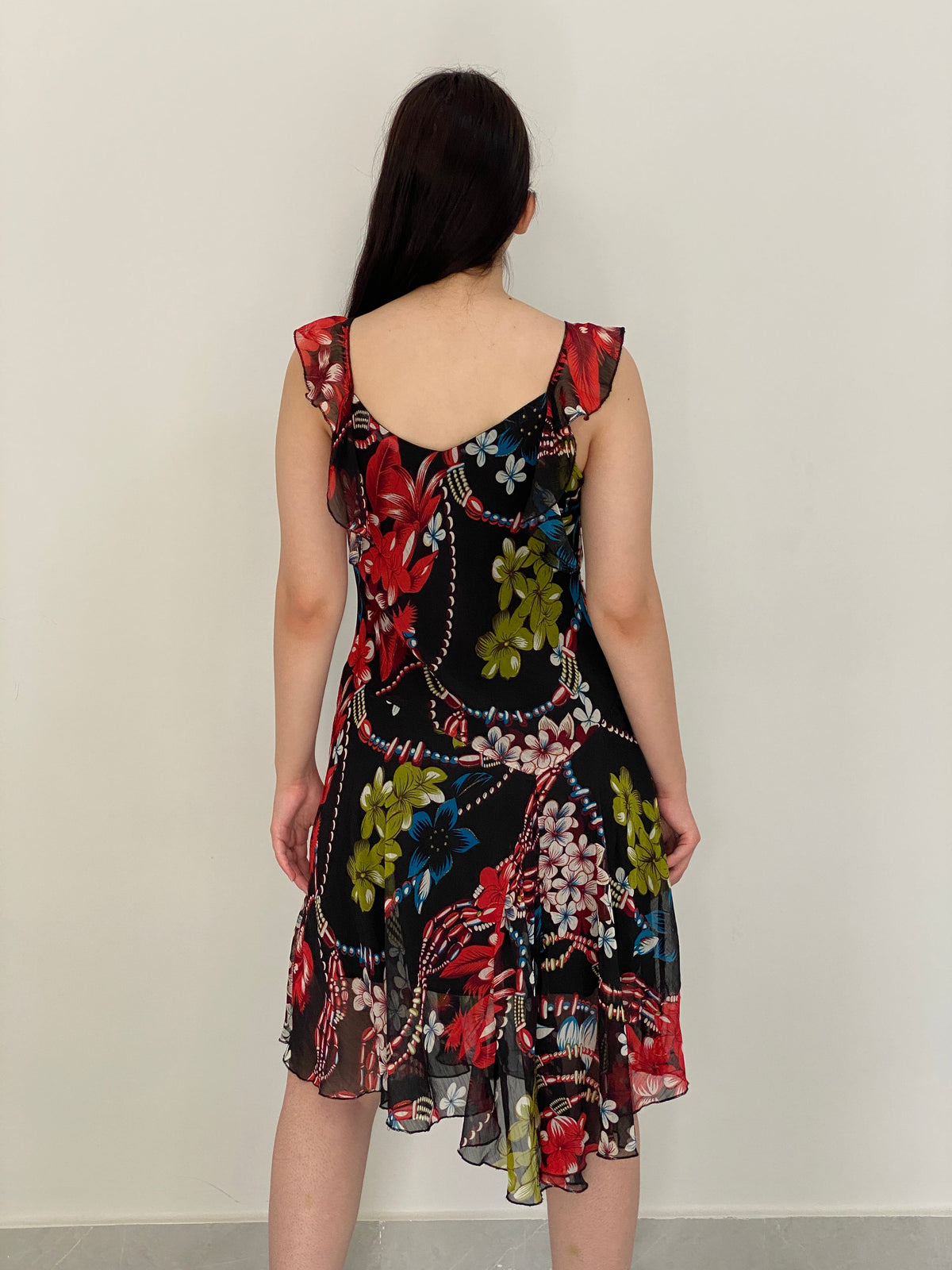 Vintage Y2K HUANGJIALIREN Black Silk Blend Floral Asymmetric Ruffle Dress - M