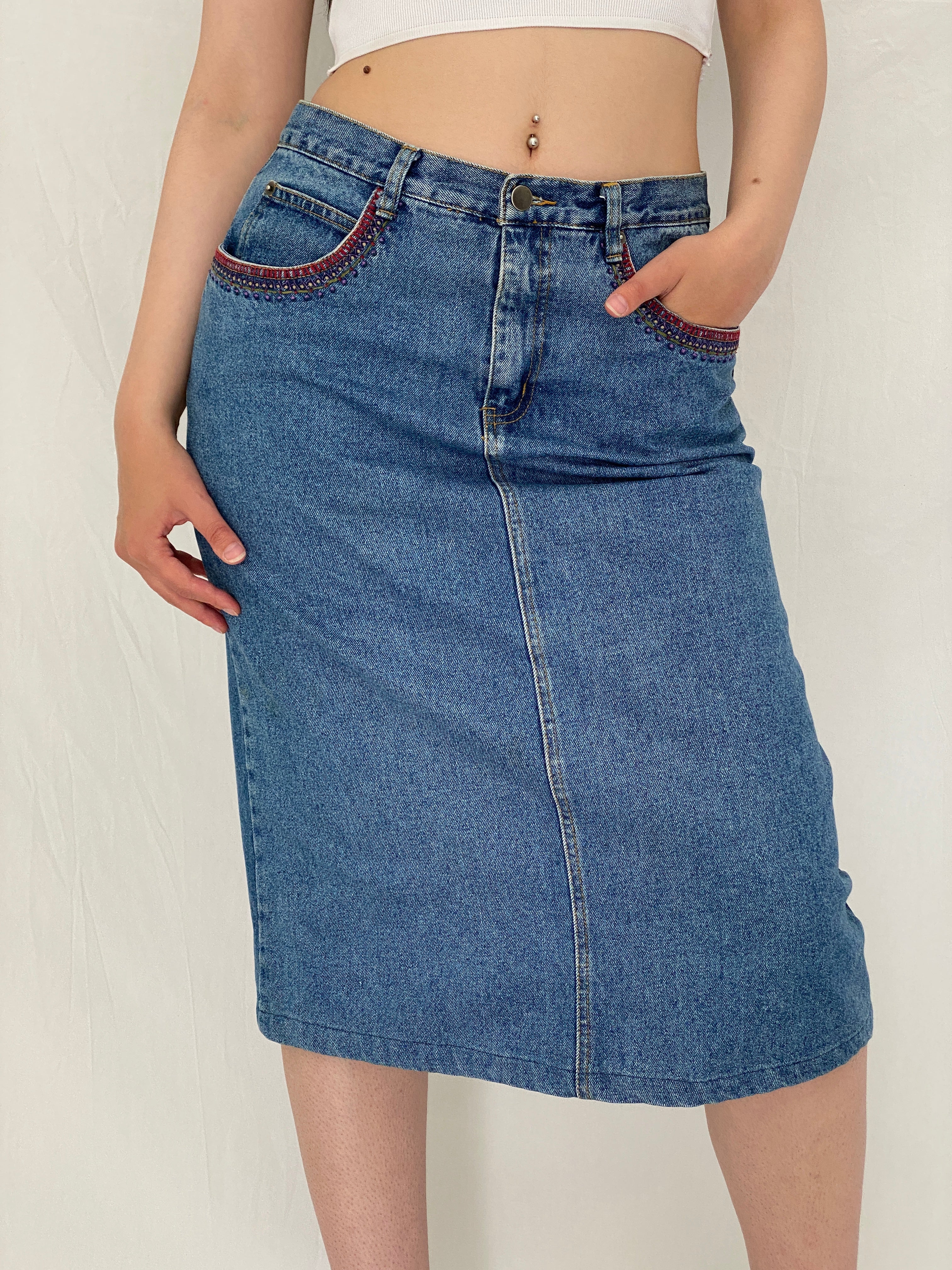 Vintage Y2K CBC Woman Blue Denim Midi Skirt – L