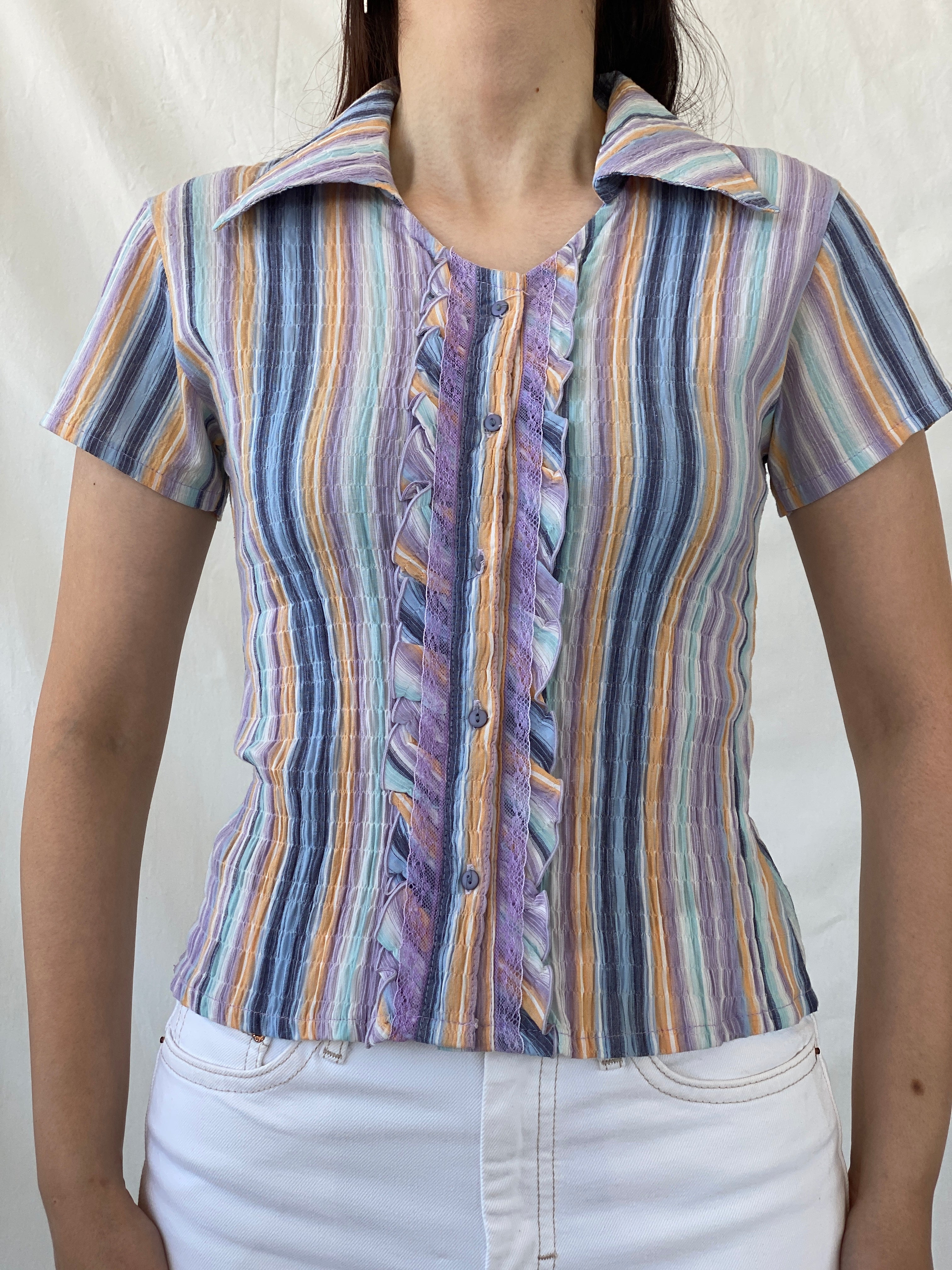 Y2K Pastel Purple Blue Striped Cut Out Back Scrunch Short Sleeve Shirt- M