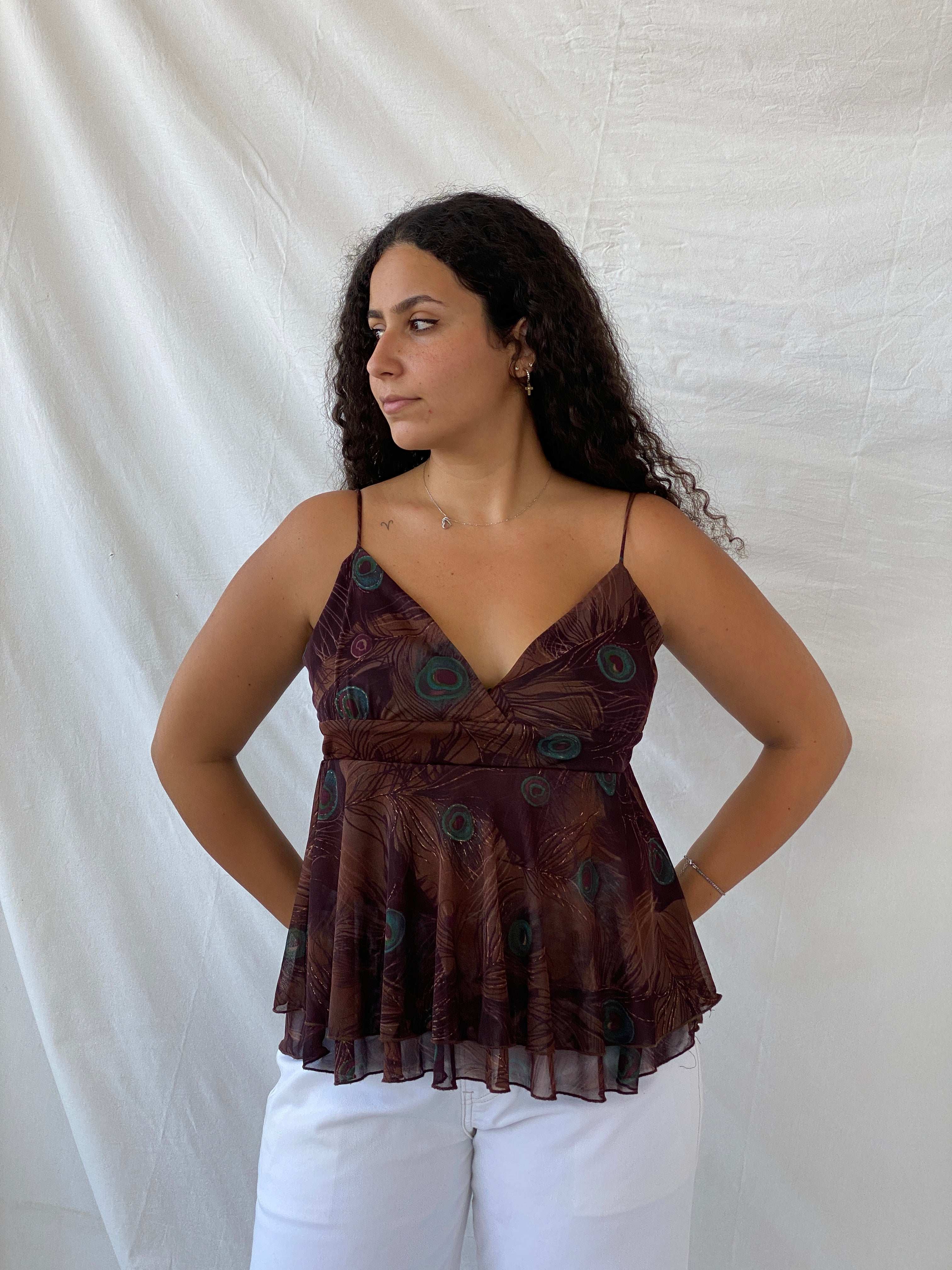 90s My Michelle Boho Peacock Print Brown Sheer Layered Cami - L - Balagan Vintage Cami 90s, animal print, Cami, Dina, NEW IN, sleeveless top