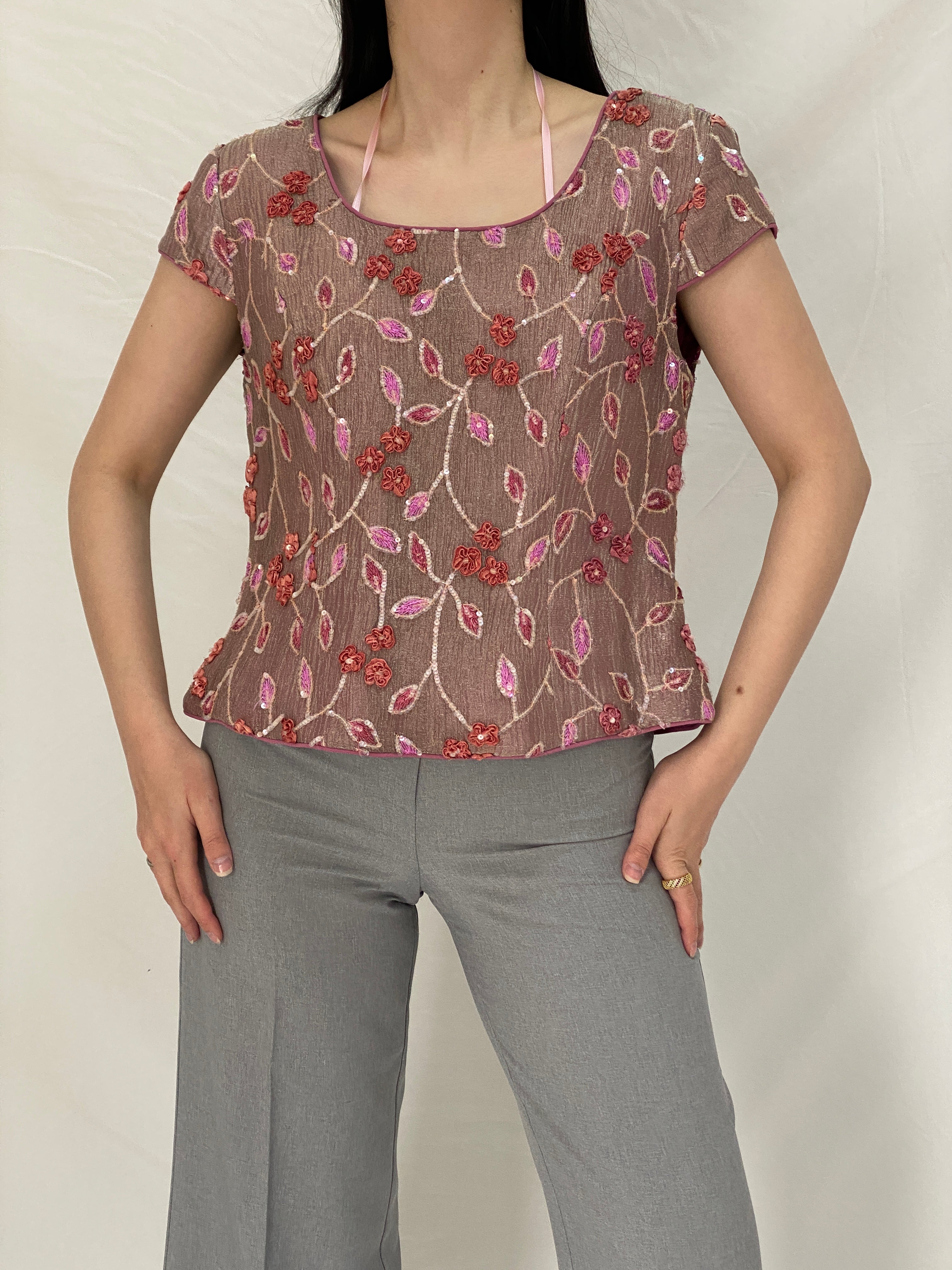 Vintage Raffaello Floral Embellished Beaded Party Top Embroidered Pink Evening Blouse – L