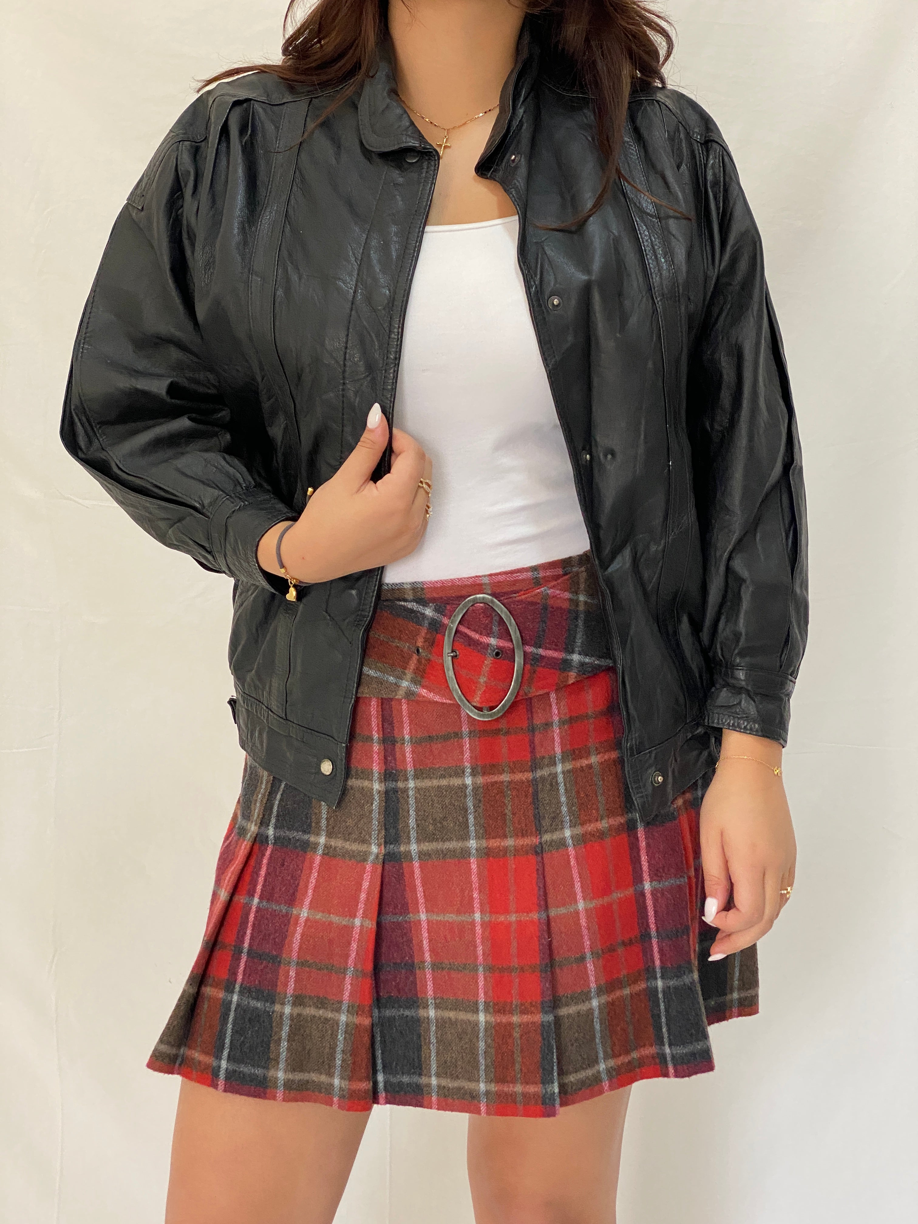 Vintage Black Genuine Leather Bomber Jacket - 90s Oversized Clip Front Moto Style - S