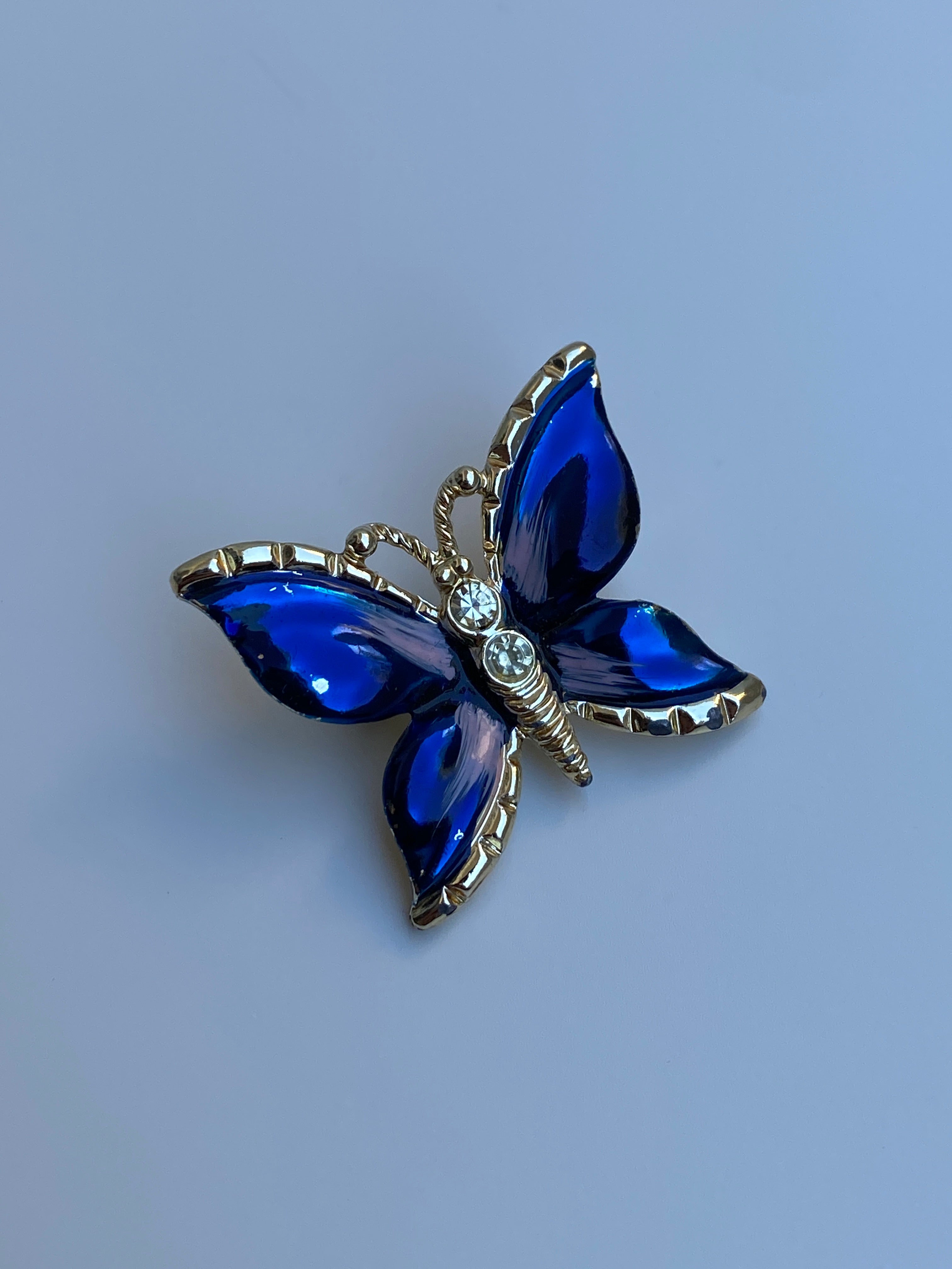 Vintage Blue Enamel Butterfly Pin Crystal Rhinestone Accents Brooch