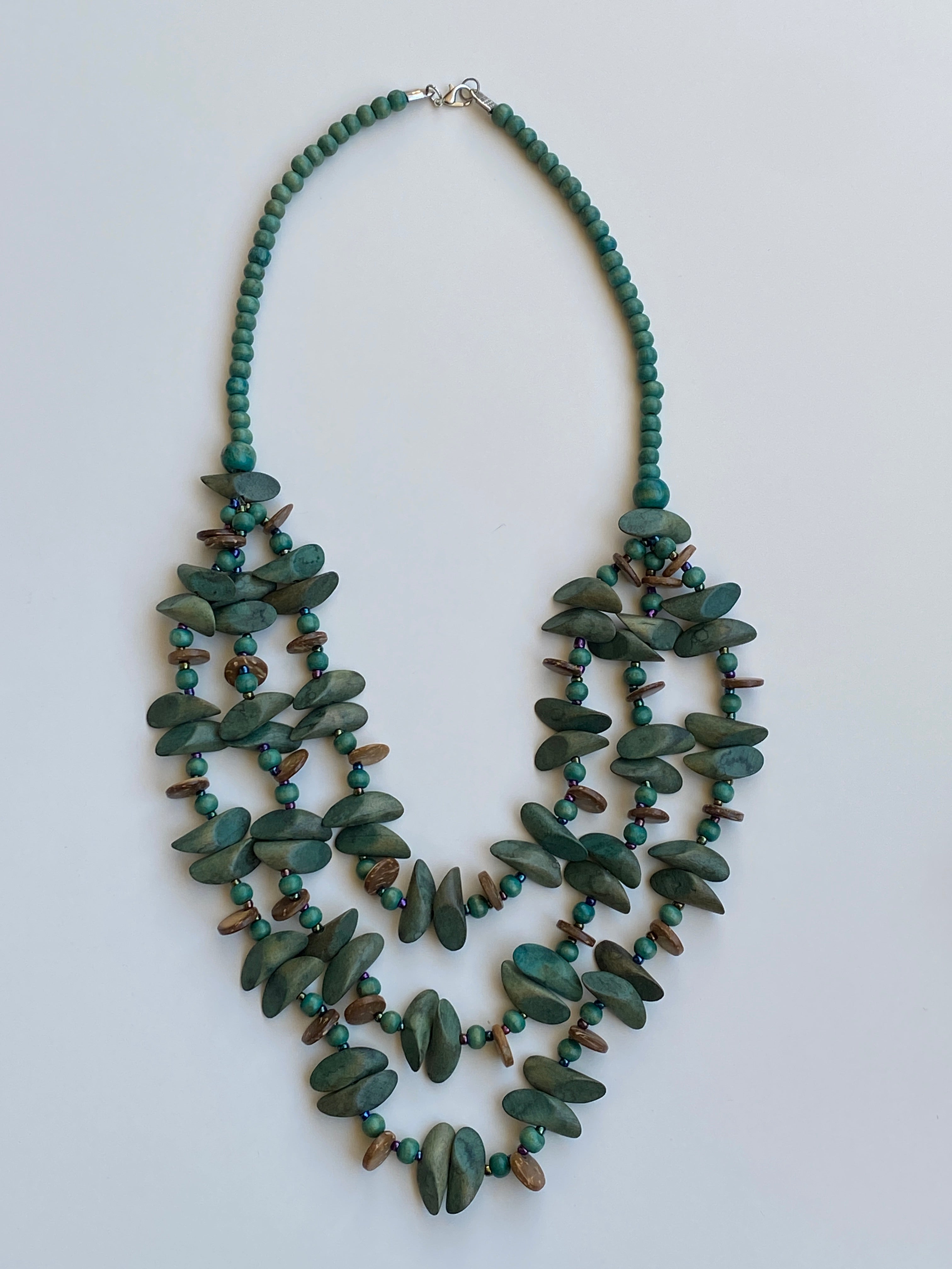 Vintage Boho Green Multi-Strand Wood Beaded Necklace