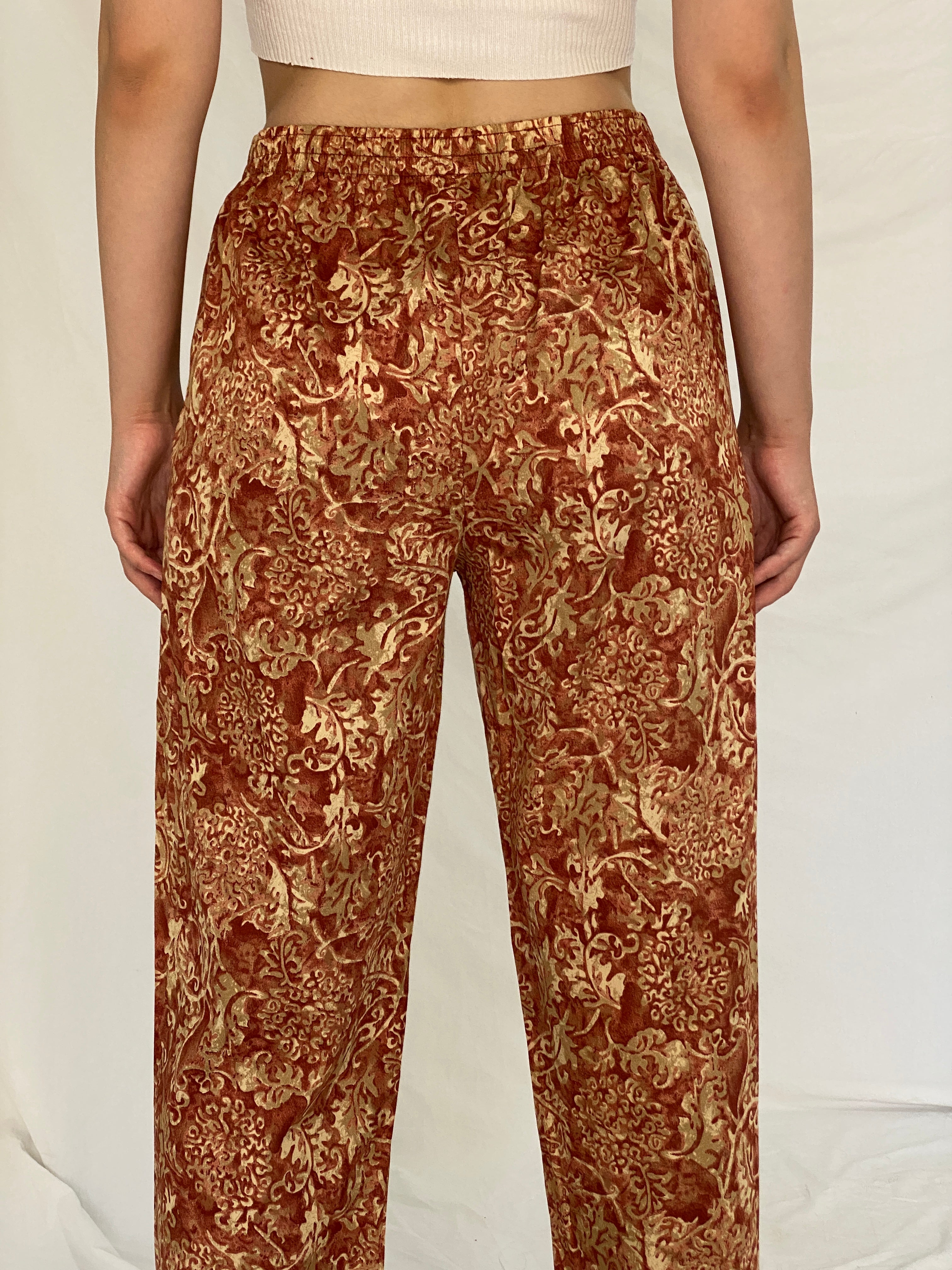 Vintage Peruvian Connection Rust & Cream Baroque Print Cotton Pants – M