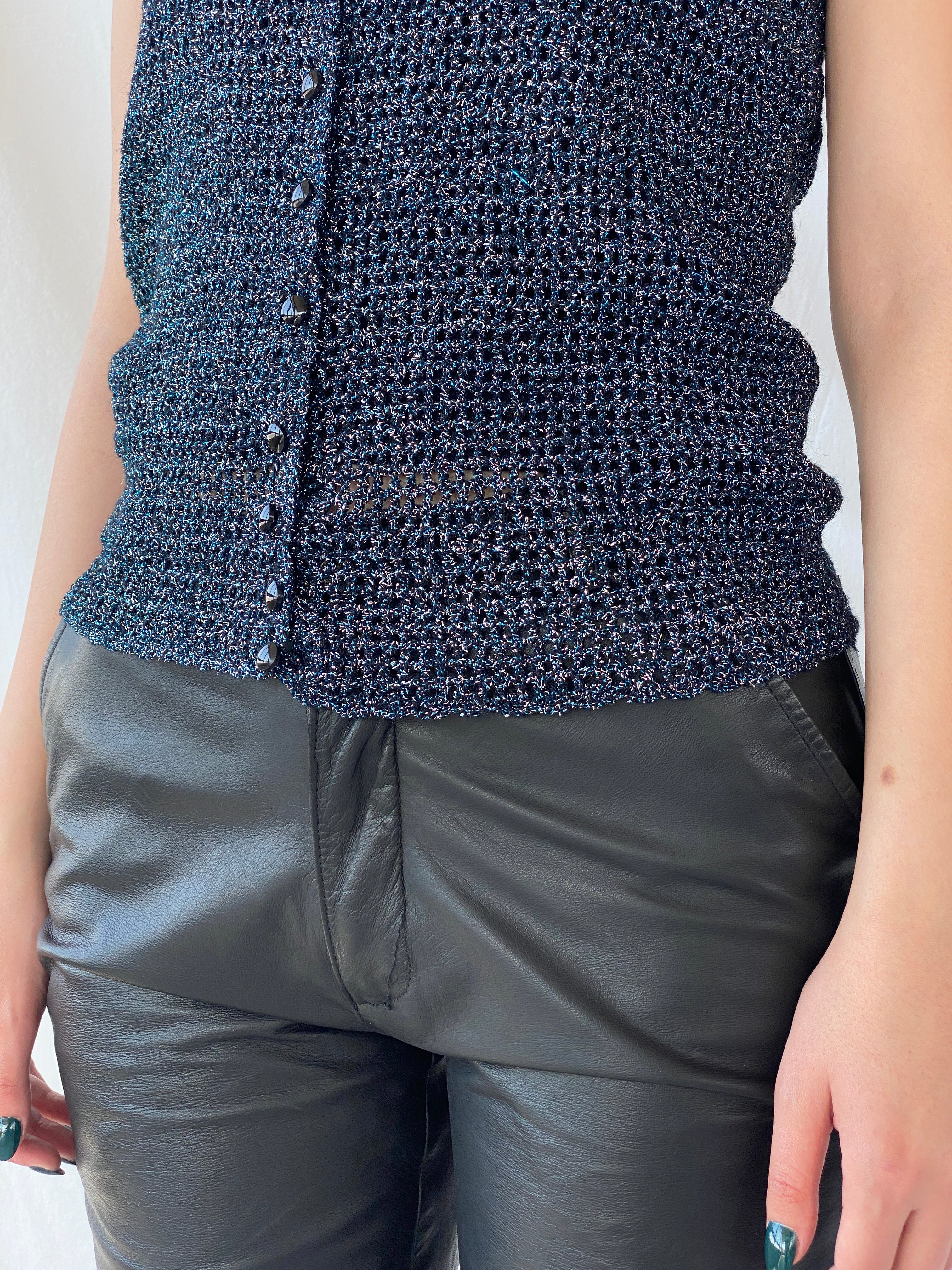 Vintage Handmade Knitted Blue Silver and Black Shimmery Buttoned Vest - S