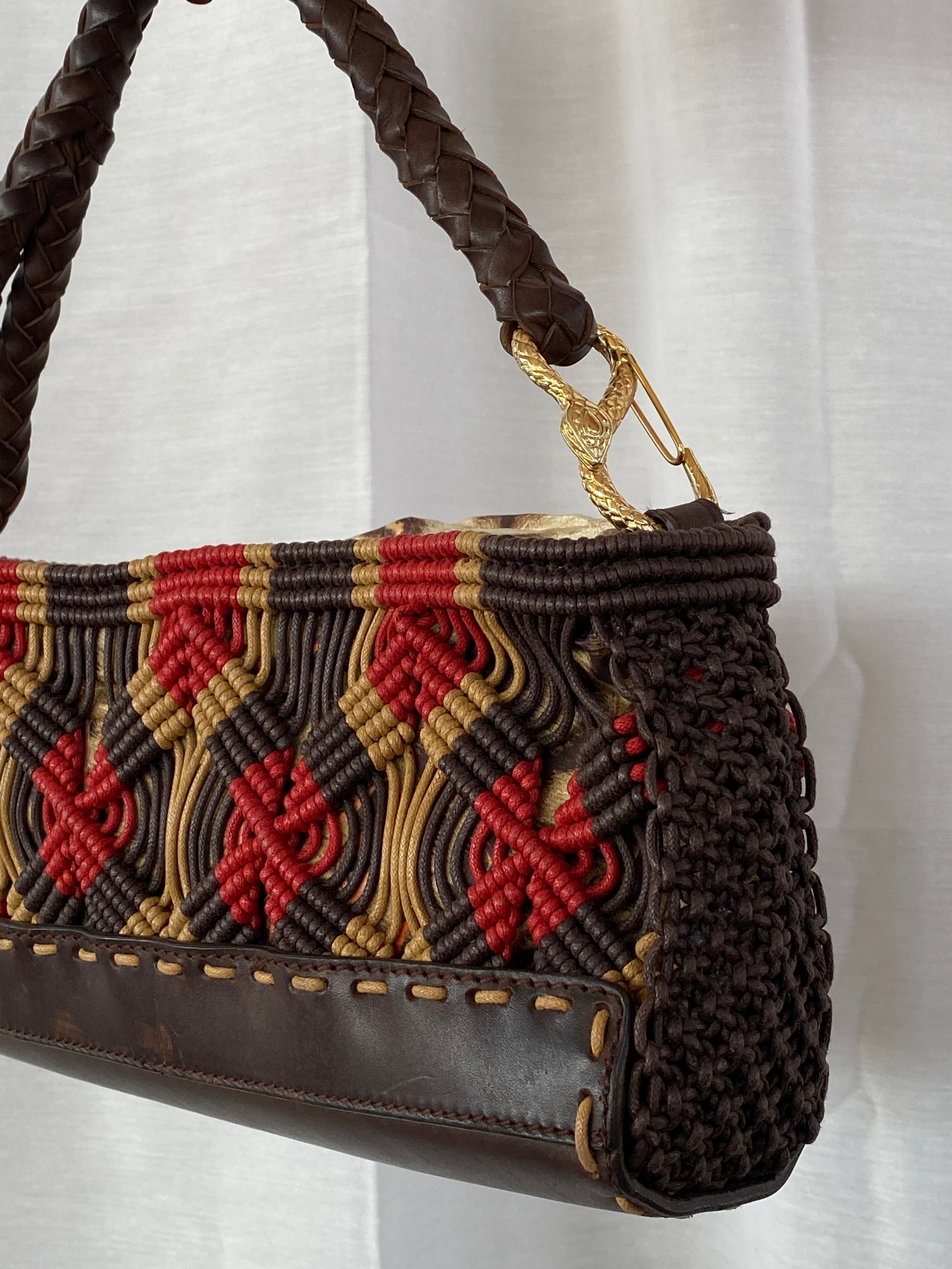 Early 00s Roberto Cavalli Macrame Cord Bag with Leopard Lining