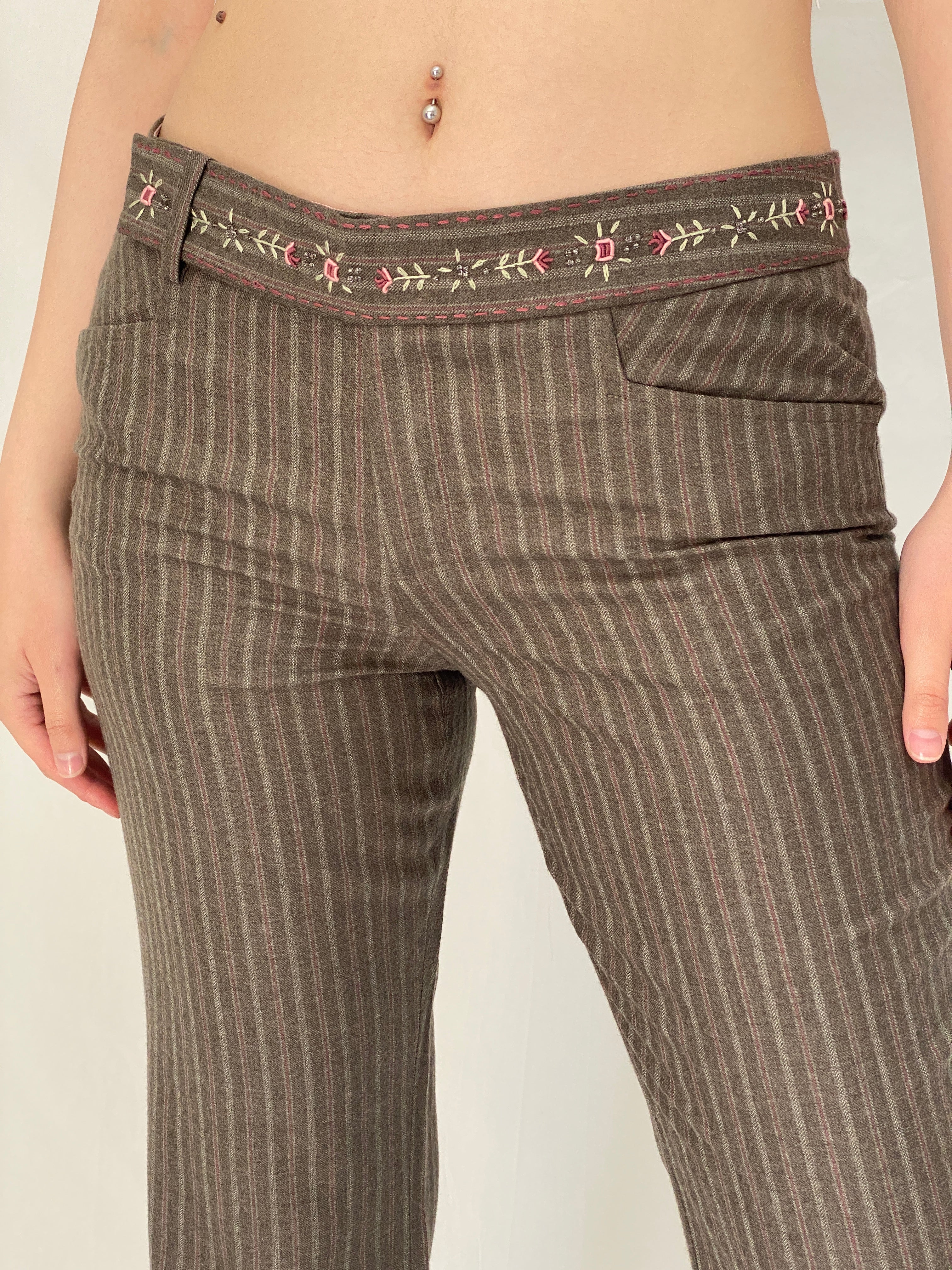 Vintage Rebecca Taylor Brown Wool Pinstripe Embroidered Flare Pants - M