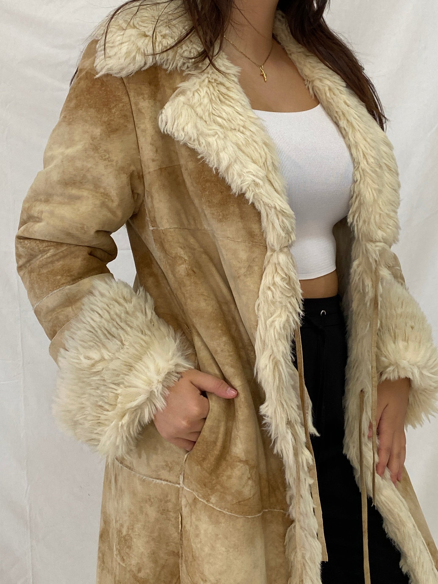 FREEHORN by Conbipel Faux Fur Lined Italian Genuine Leather Penny Lane Coat 70s Boho Jacket - XL