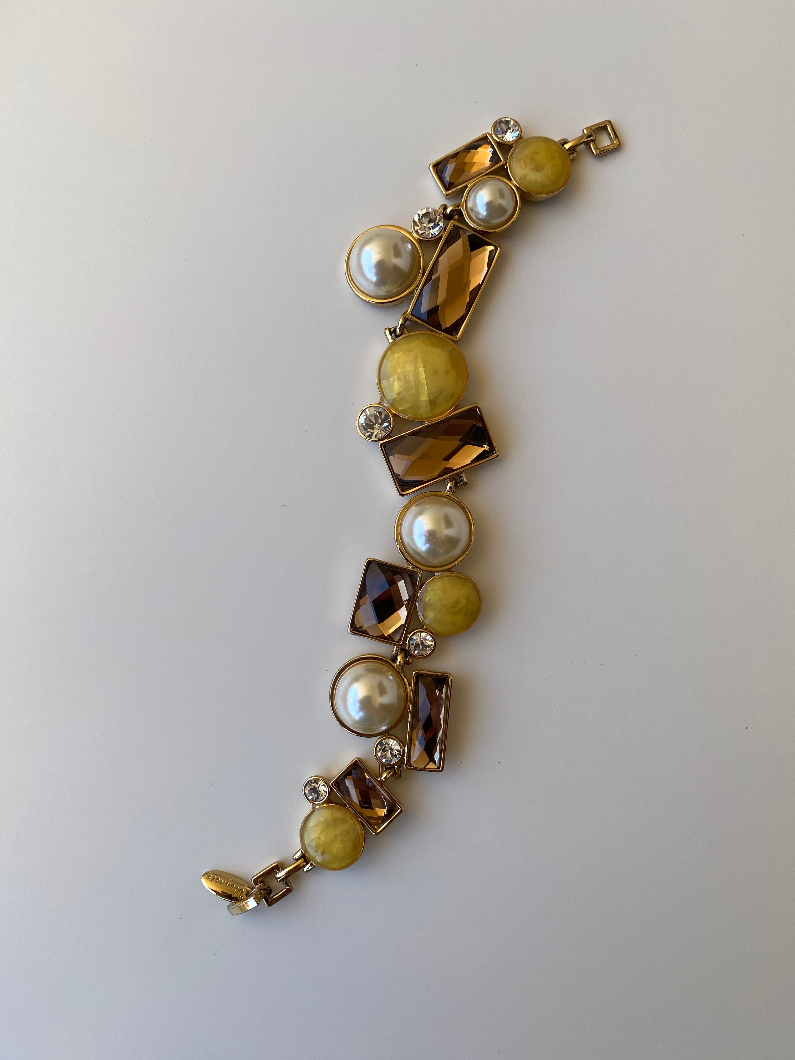 Viannois Geometric Pearl & Crystal Gold Tone Statement Link Bracelet