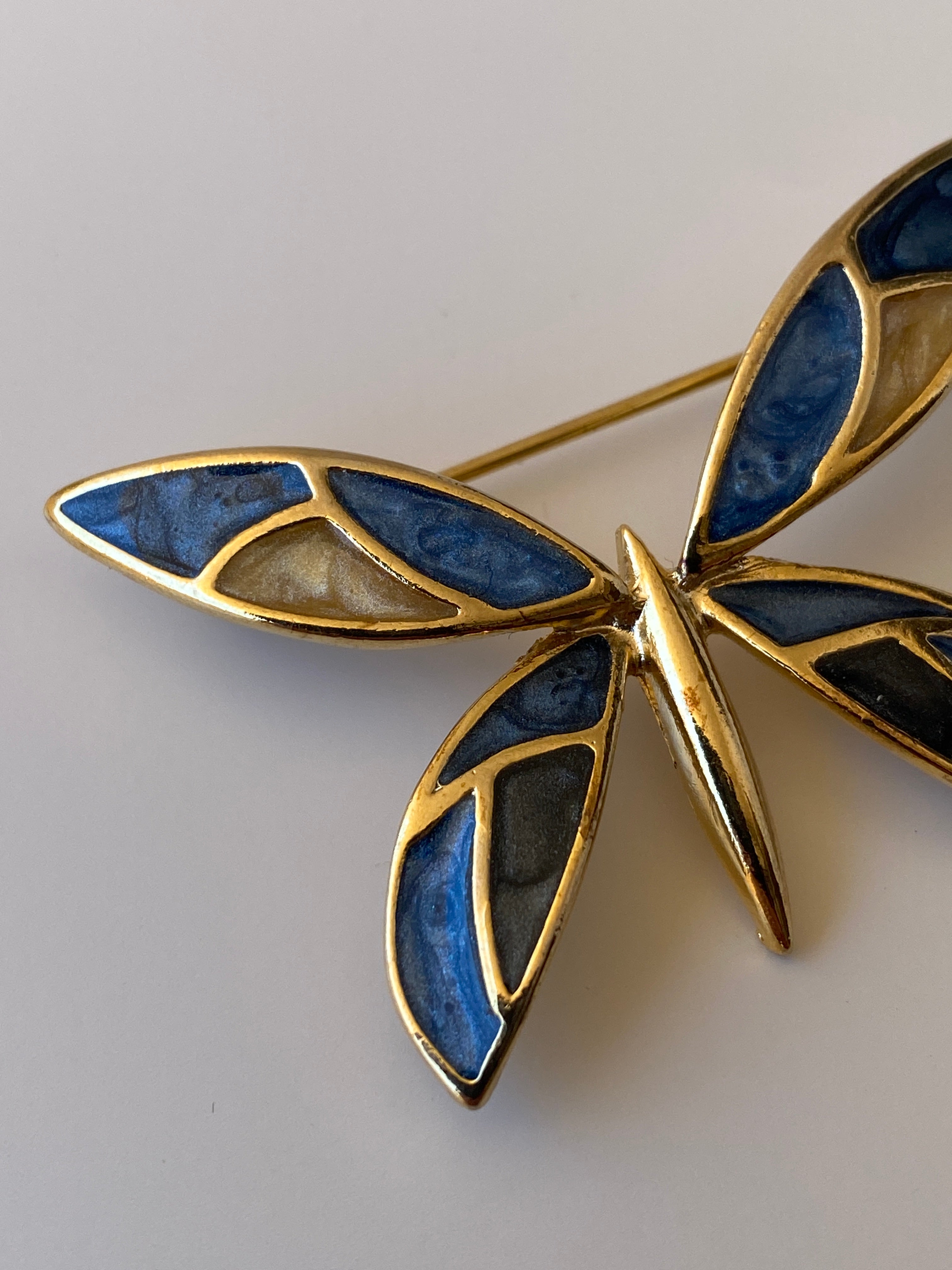 Vintage Blue Enamel Butterfly Brooch Gold Tone Statement Pin