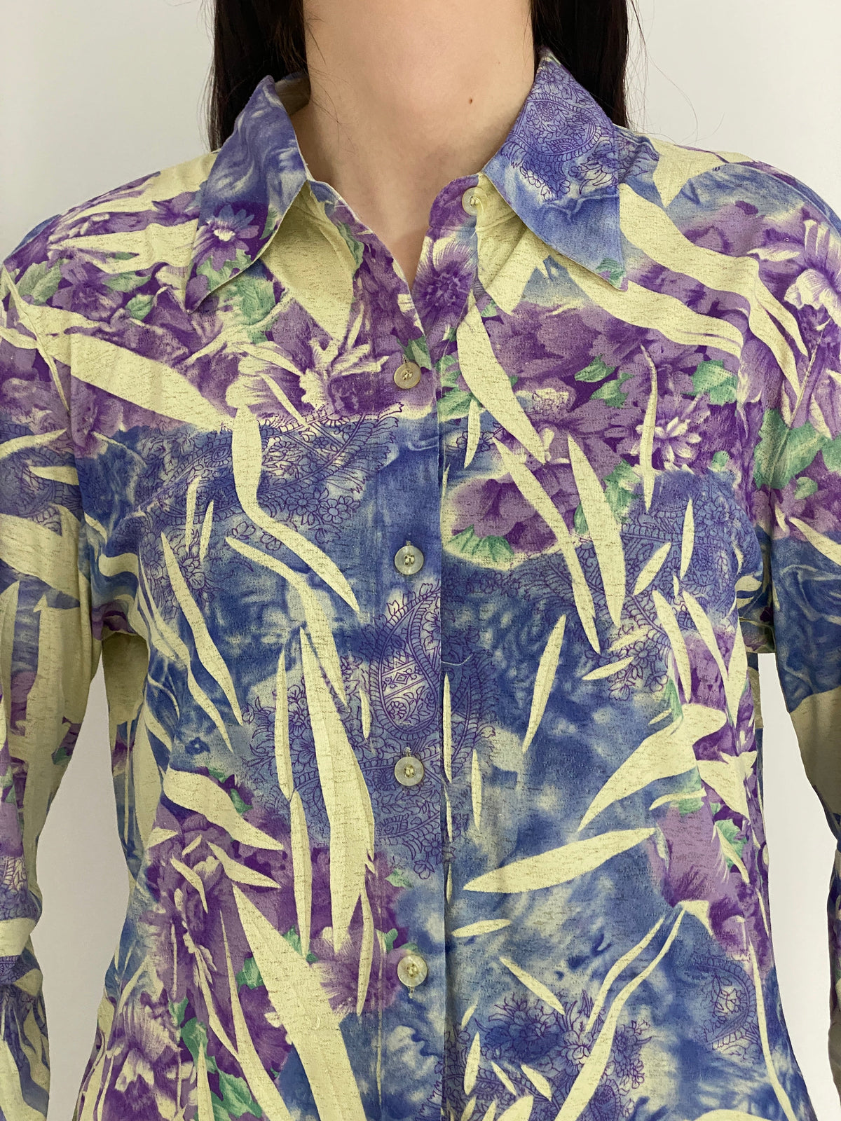 Vintage Hong Mei Purple Blue Floral Botanical Print Shirt – M