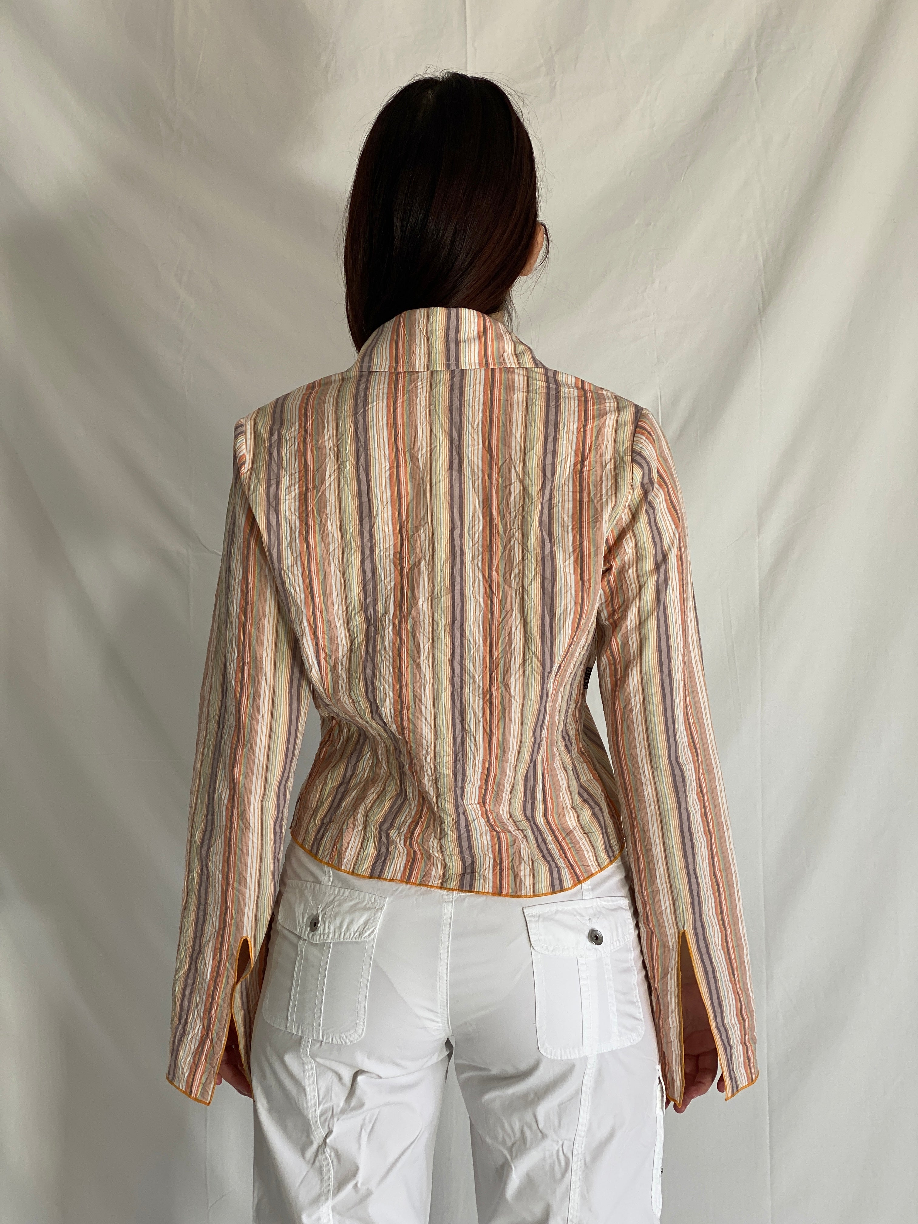 Vintage Y2K Watcher Striped Button Up Shirt Multicolor Long Sleeve Office Striped Shirt - L