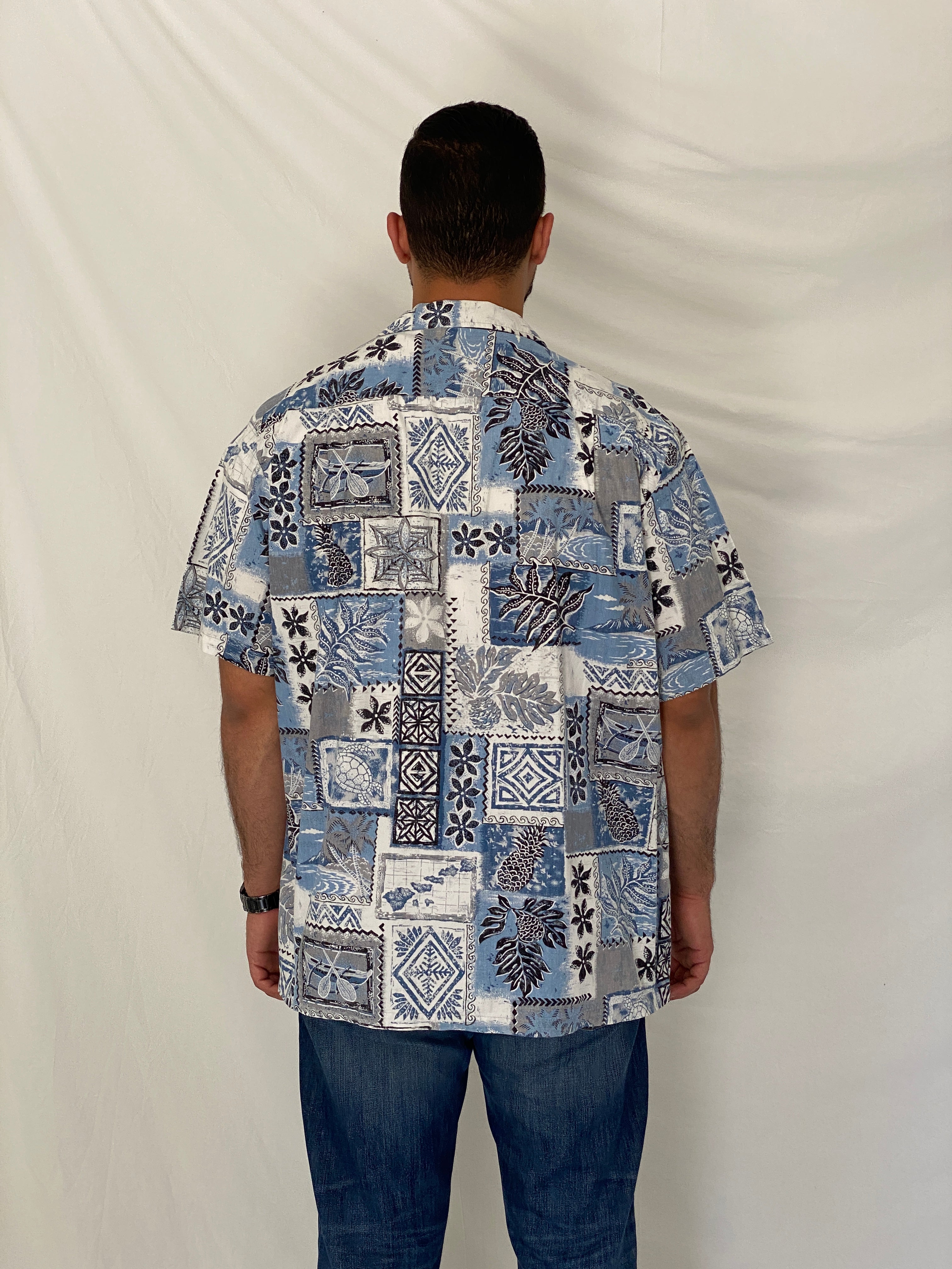 Vintage 90s RJC Blue Tropical Patchwork Hawaiian Camp Shirt - 2XL
