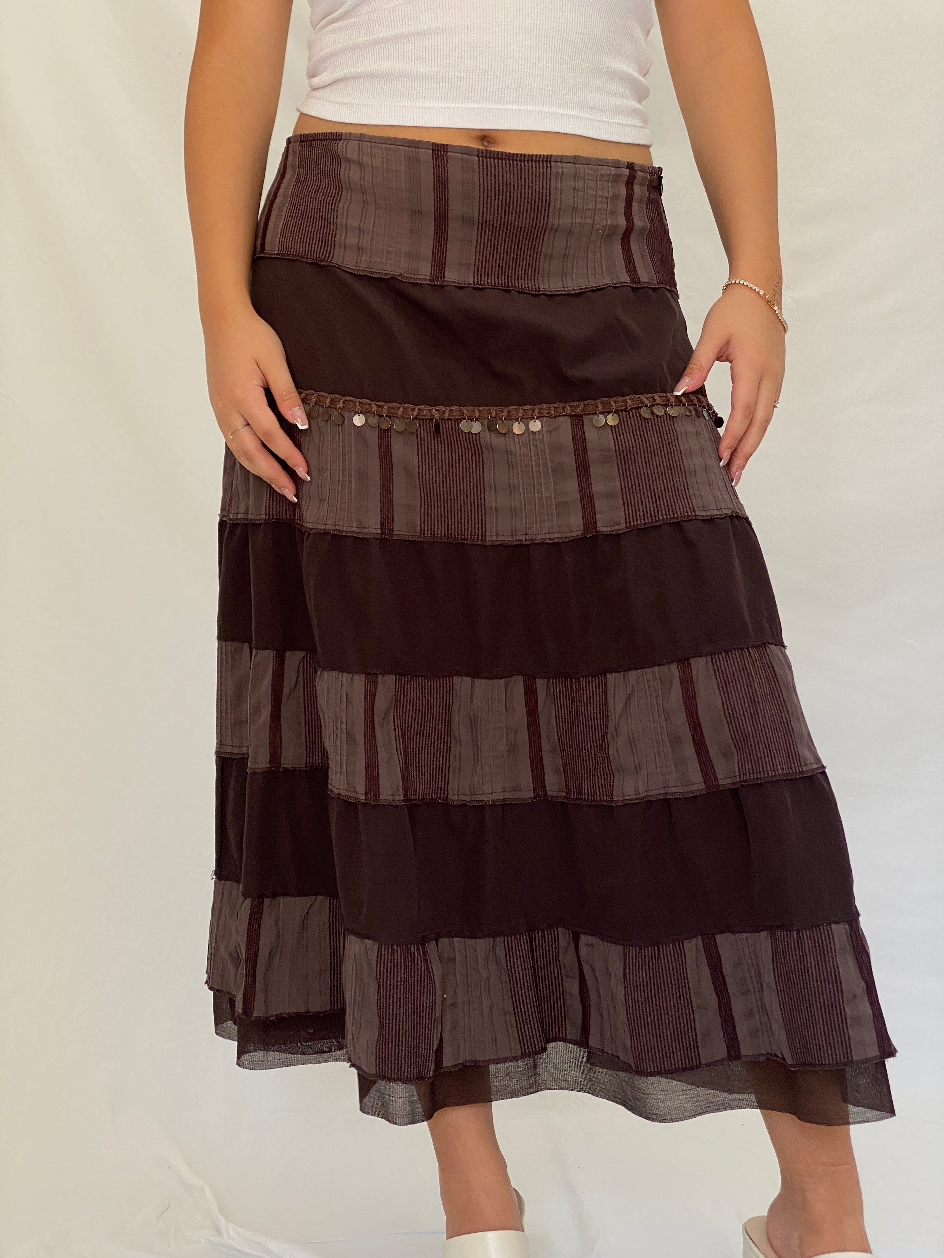 Vintage Y2K Boho CELAiA Brown Tiered Coin Trim Maxi Skirt – XL