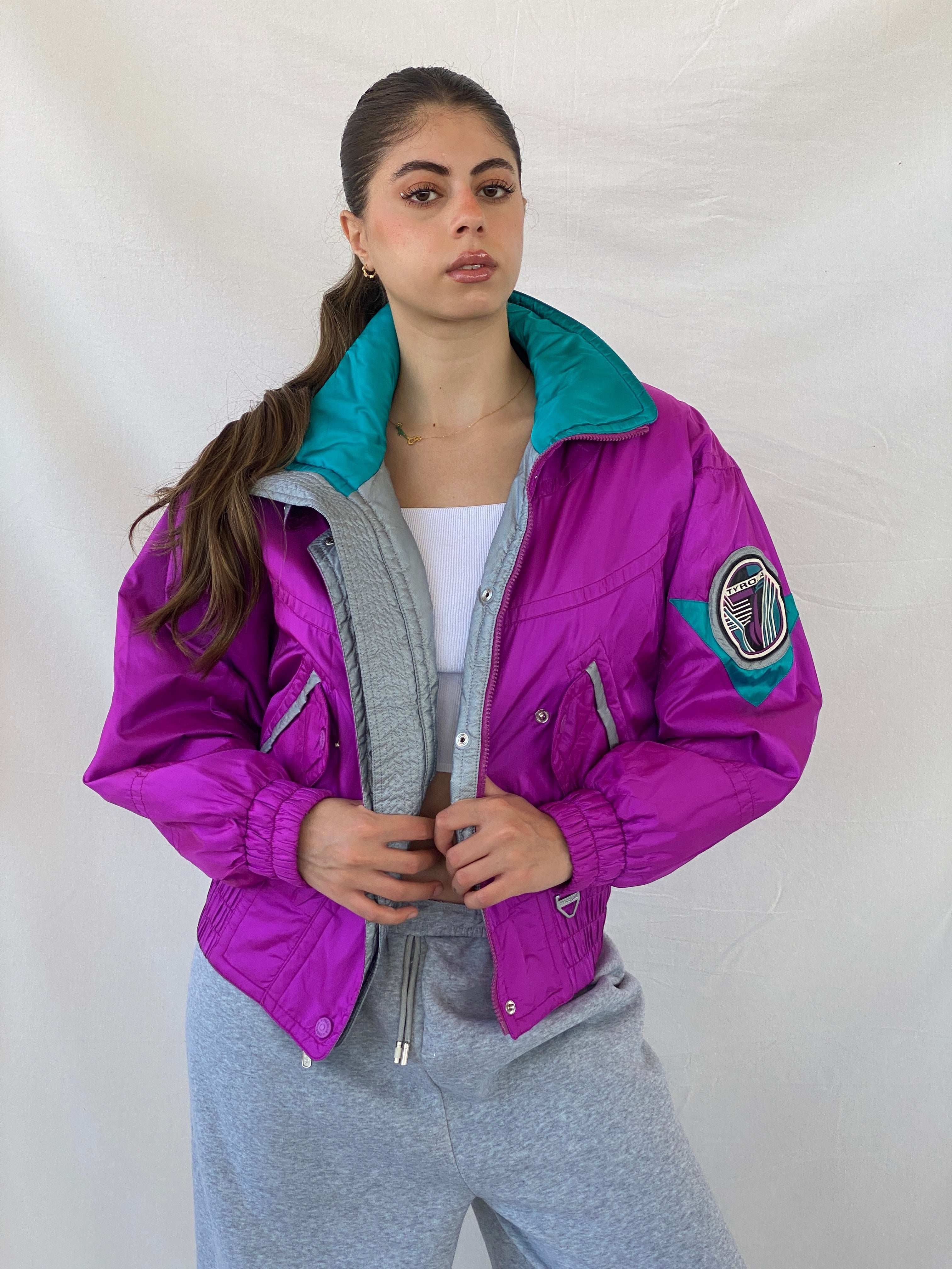 80s/90s TYROLIA Skiwear Pink and Green Ski Puffer Jacket - M - Balagan Vintage Windbreaker Jacket 00s, Deals, Mira, ski jacket, vintage, vintage windbreaker, windbreaker, windbreaker jacket, women