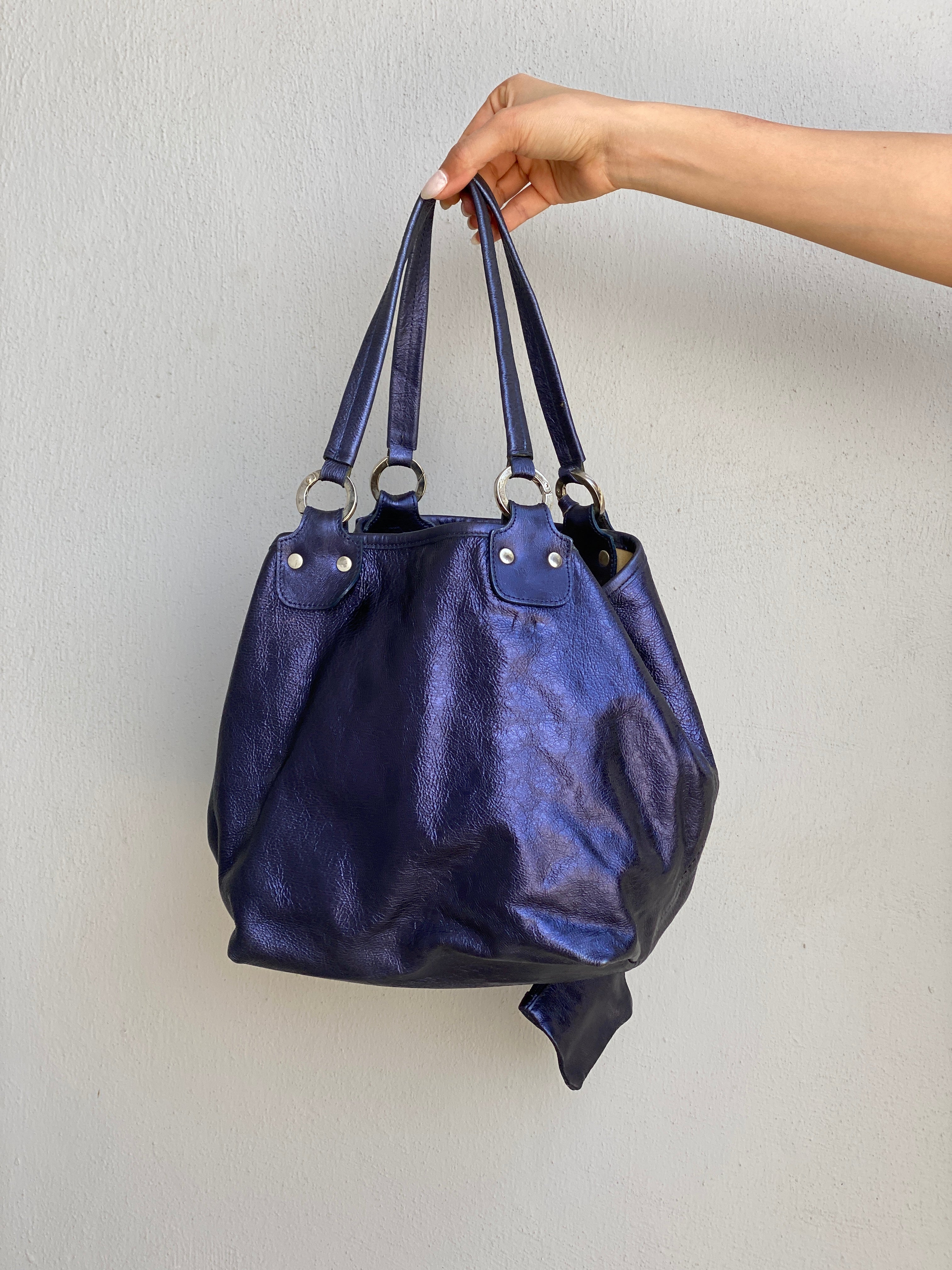 Vintage Y2K Metallic Blue Genuine Leather Slouchy Shoulder Bag