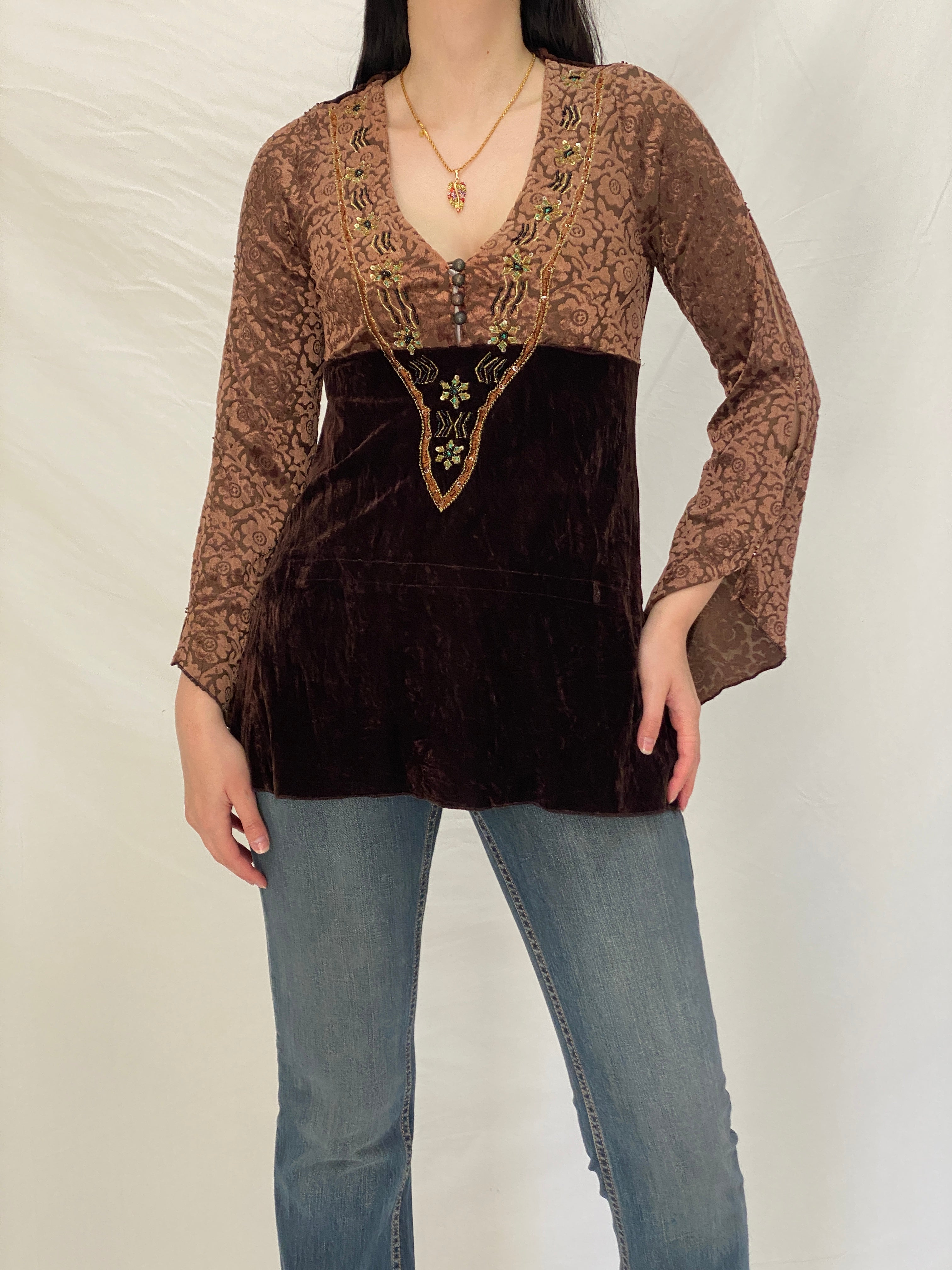 Vintage Y2K Xcepsion Brown Velvet Lace Boho Top with Bell Sleeves - M