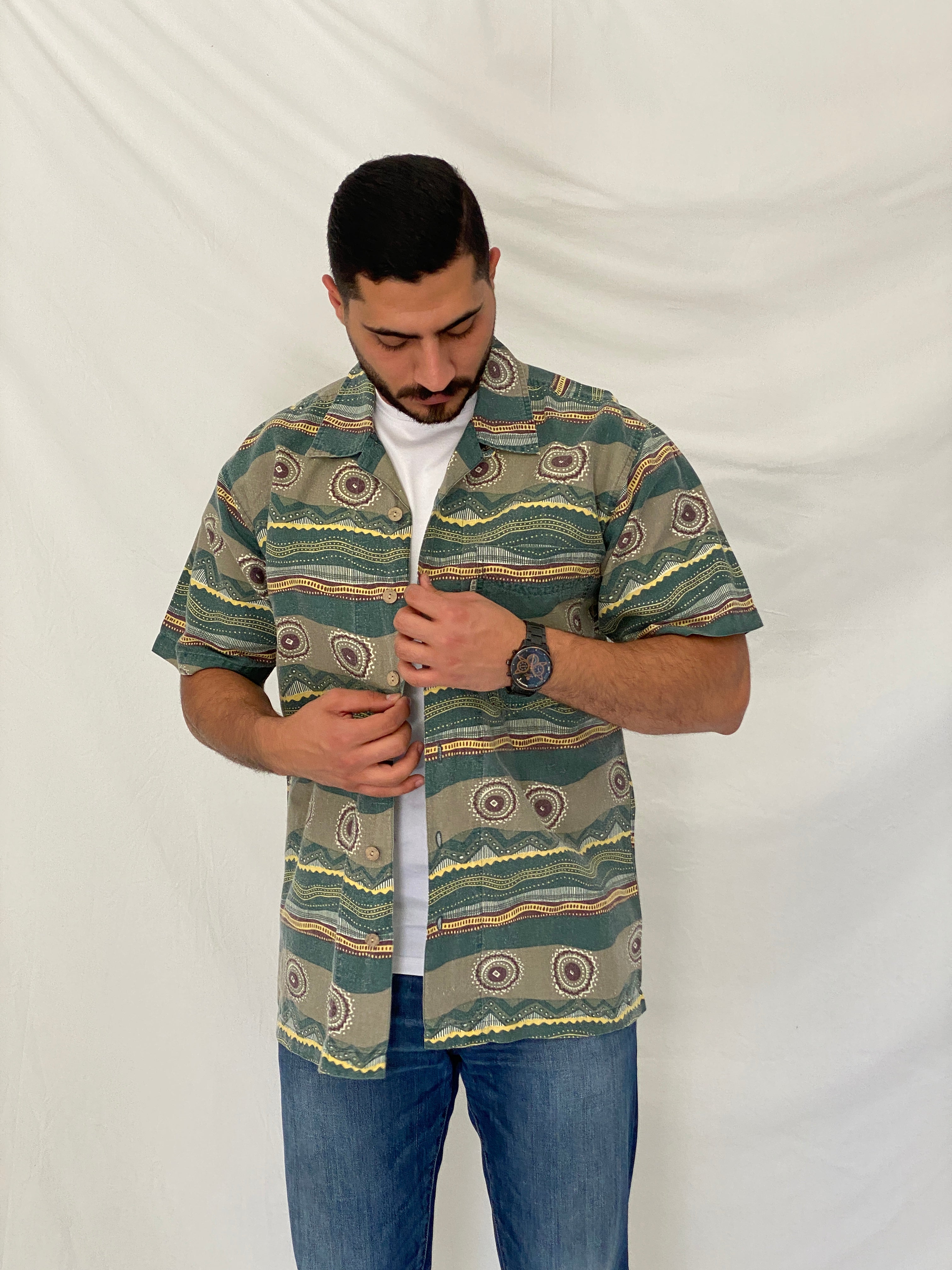90s Bugle Boy Green Abstract Cotton Ramie Camp Shirt – M