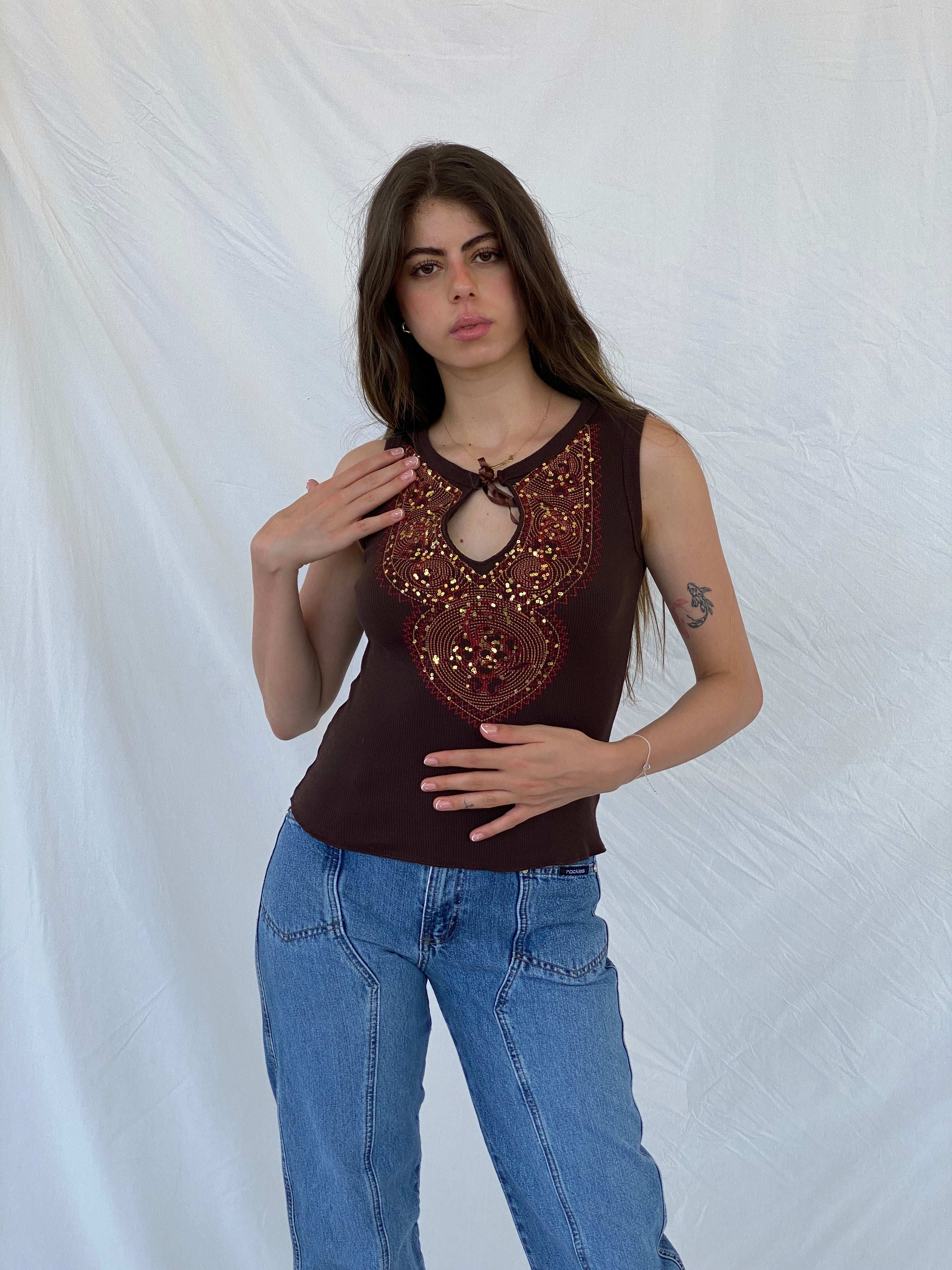 Vintage V London Brown Sequined Sleeveless Top - S - Balagan Vintage Sleeveless Top 00s, Mira, NEW IN, sleeveless top