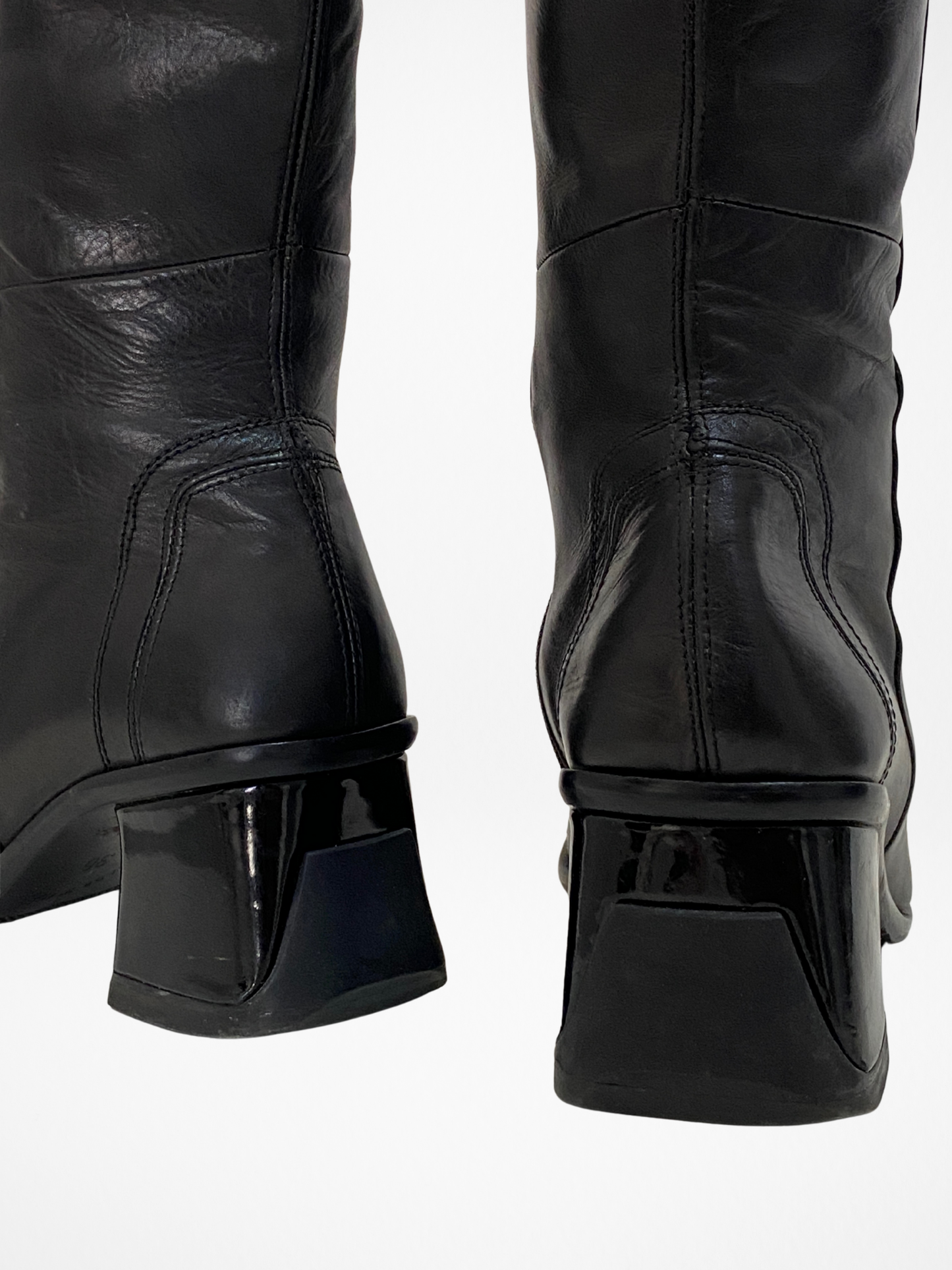 Vintage JOA Italian Black Leather Patent Block Heel & Square Toe Mid-Calf Boots - 36EU