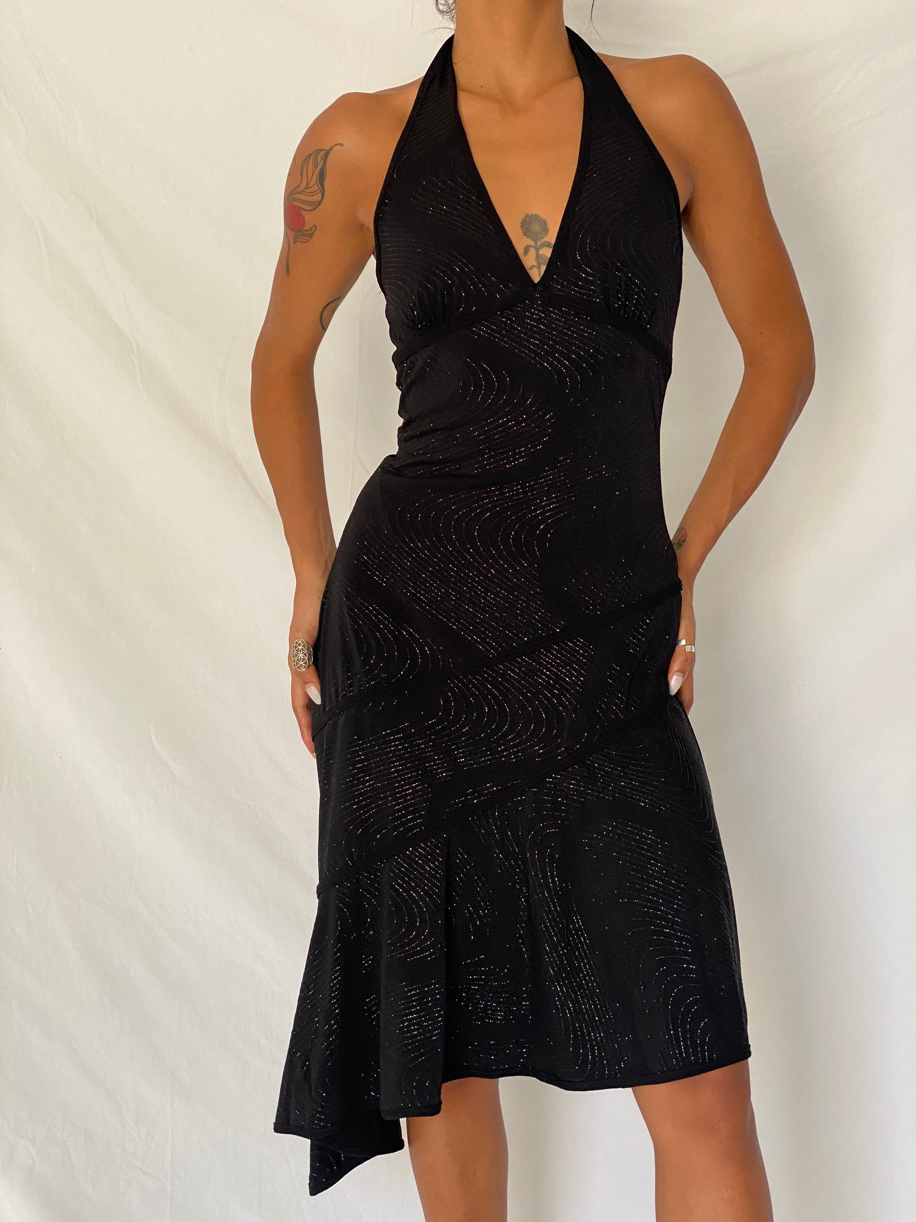 Vintage Y2K Lipstick Black Glitter Swirl Halter Asymmetric Midi Dress- S