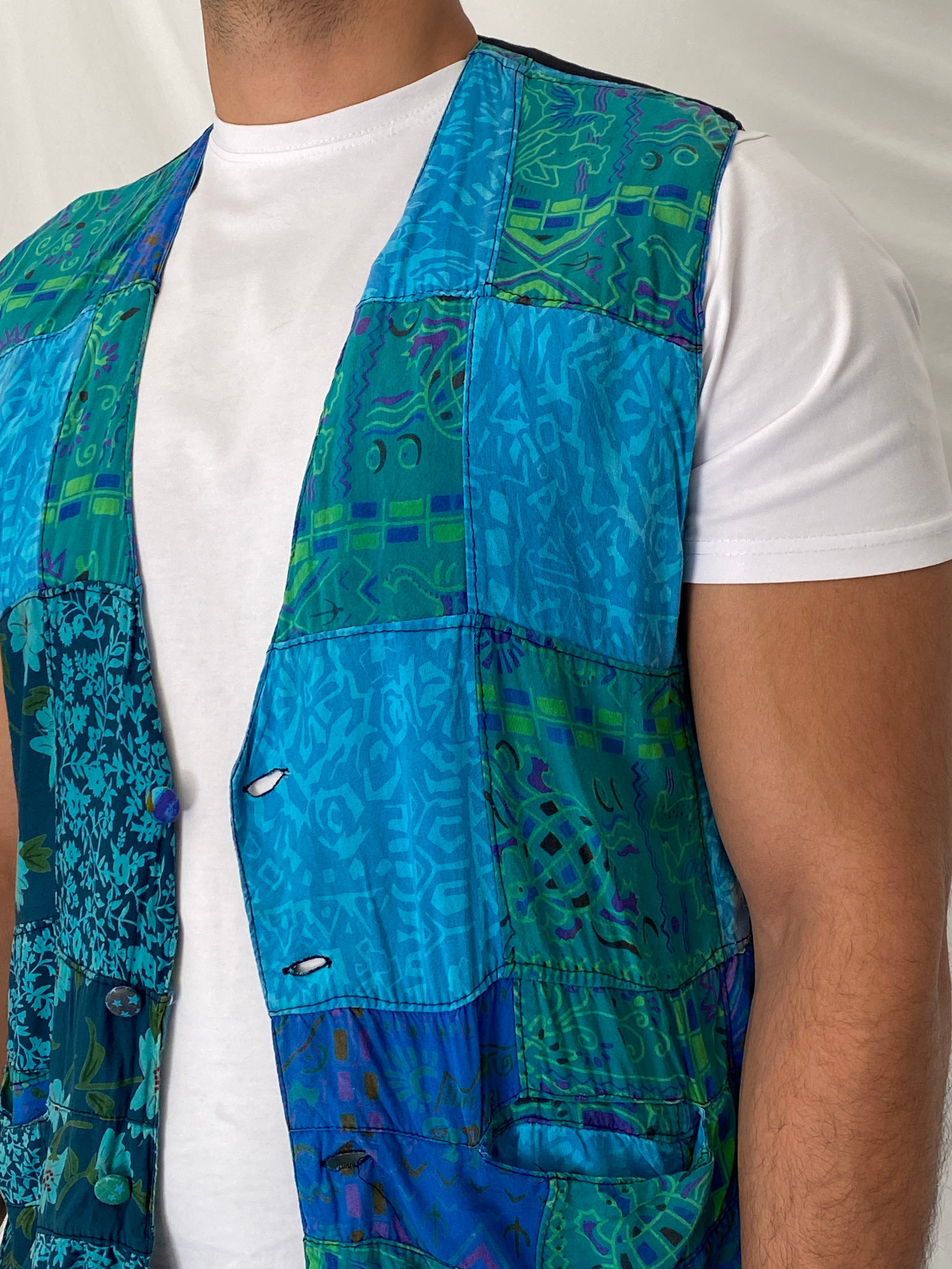 Vintage 90s Nativewear Designs Blue Green Patchwork Boho Festival Vest – XL