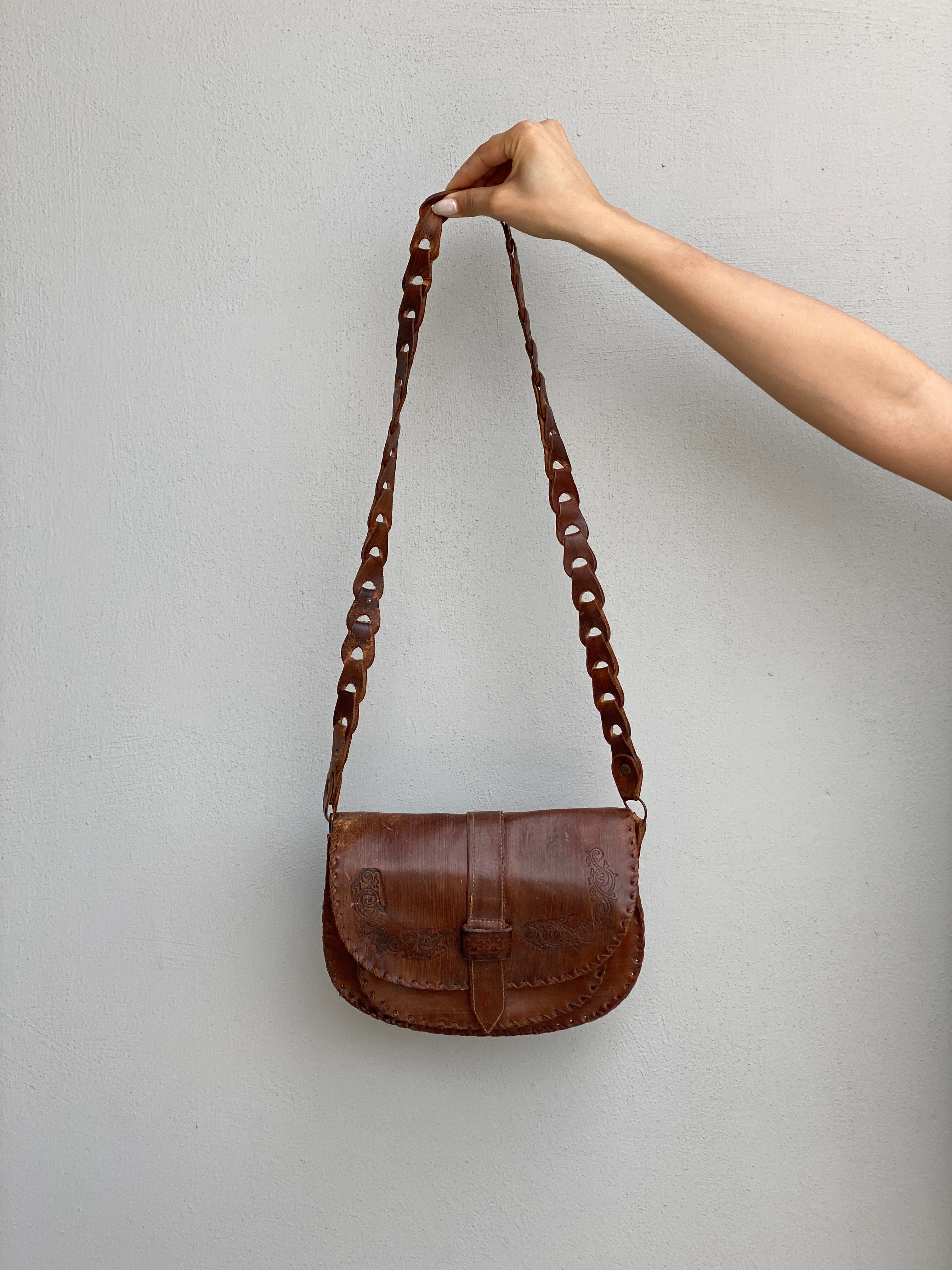 Vintage Boho Brown Hand-Tooled Leather Crossbody Bag Embossed Saddle Bag