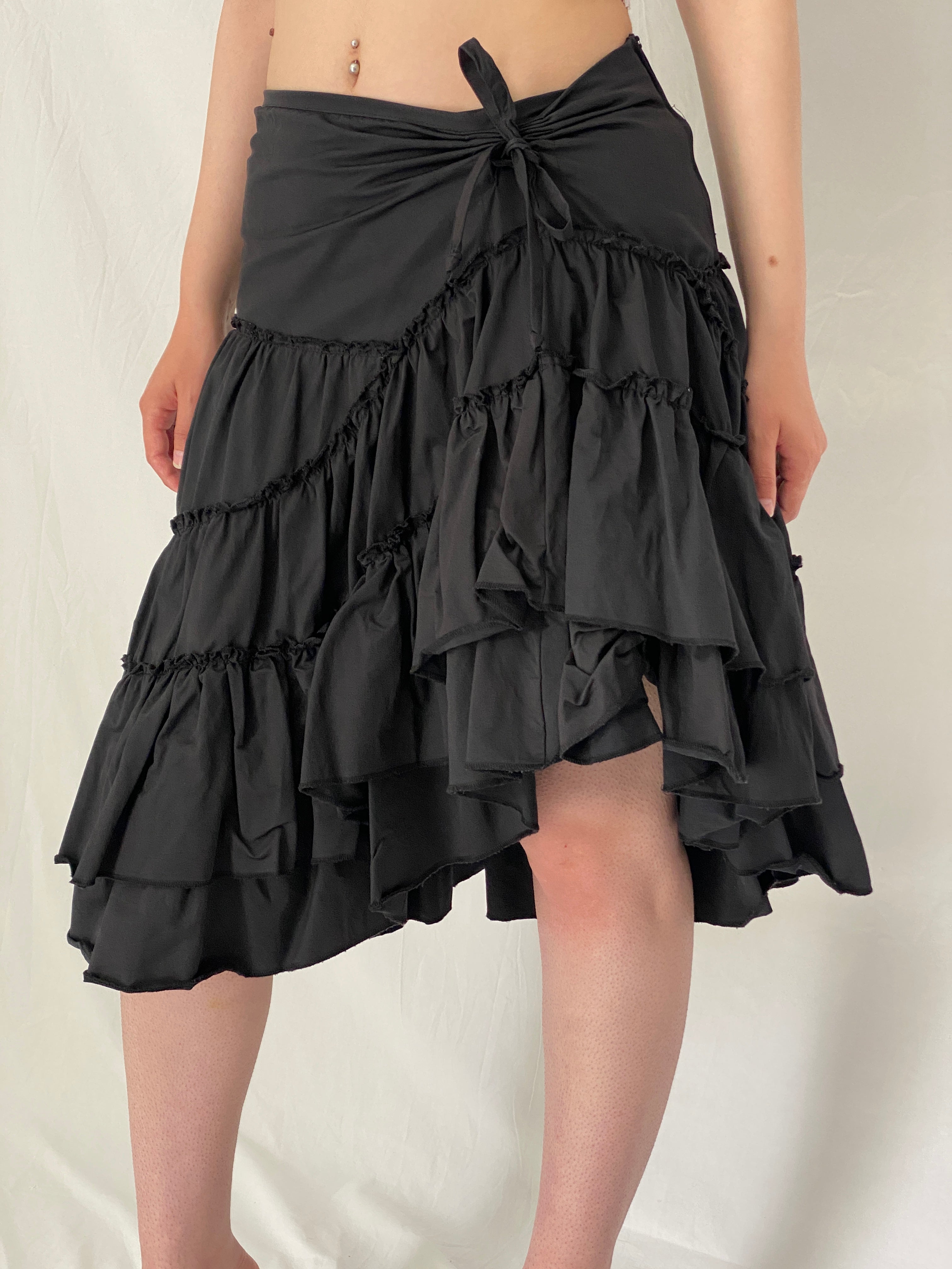 Statement Vintage Y2K Black Ruched Ruffle Tiered Midi Skirt – M