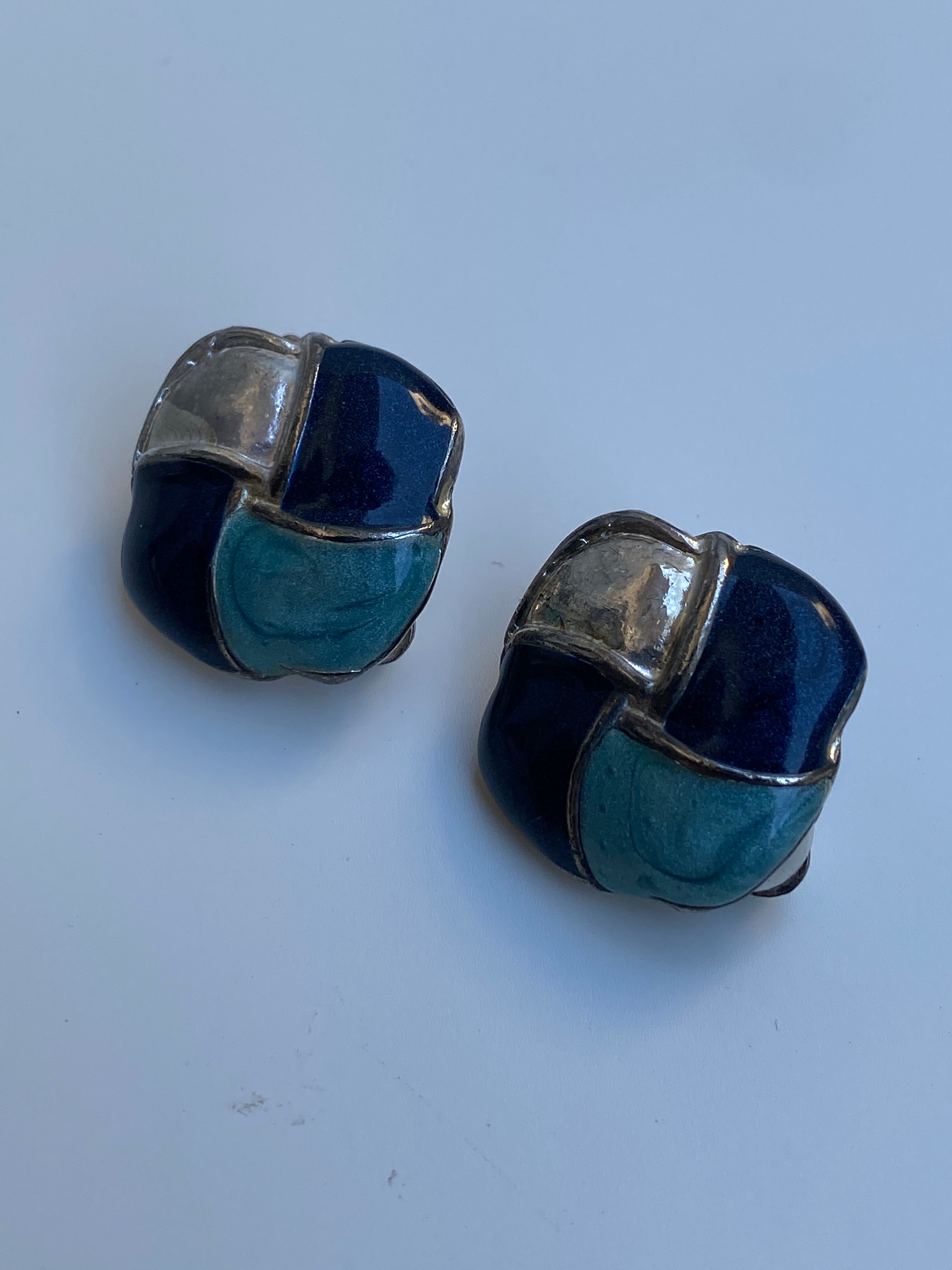 Vintage Geometric Enamel Clip-On Navy Blue, Teal & Silver Earrings