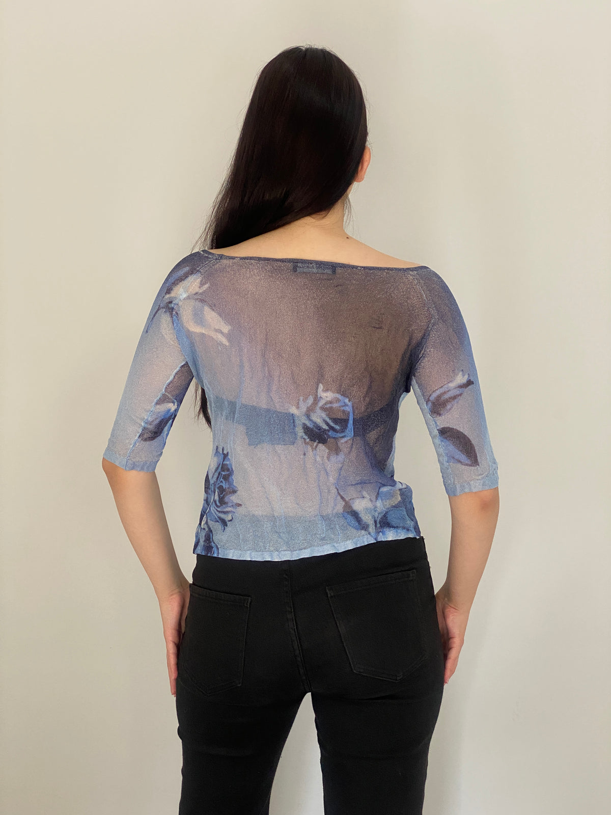 Vintage Y2K Angelo Marani Blue Sheer Floral Mesh Top - S