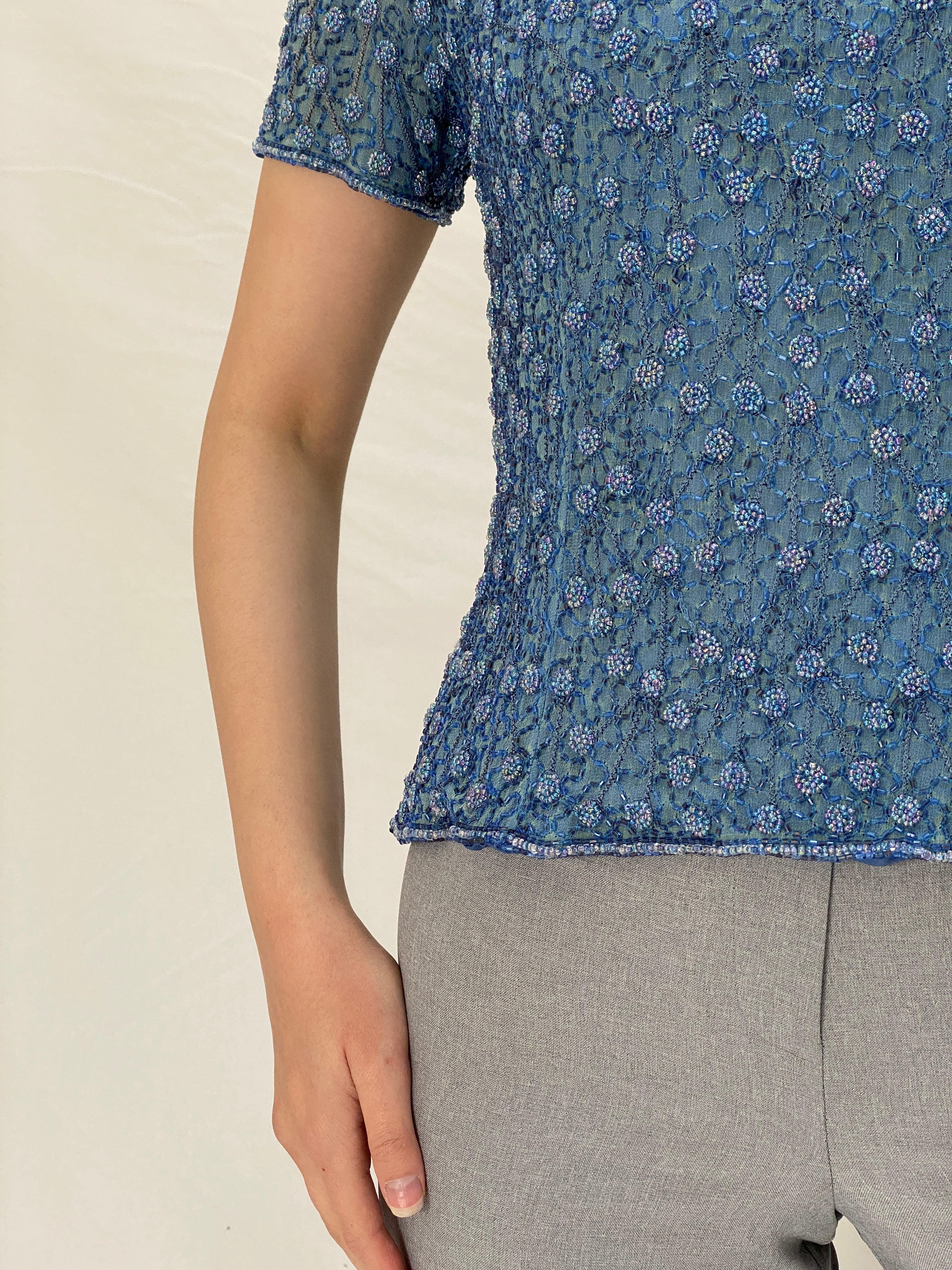 Vintage 90s Adrianna Papell Blue Silk Beaded Evening Top - M