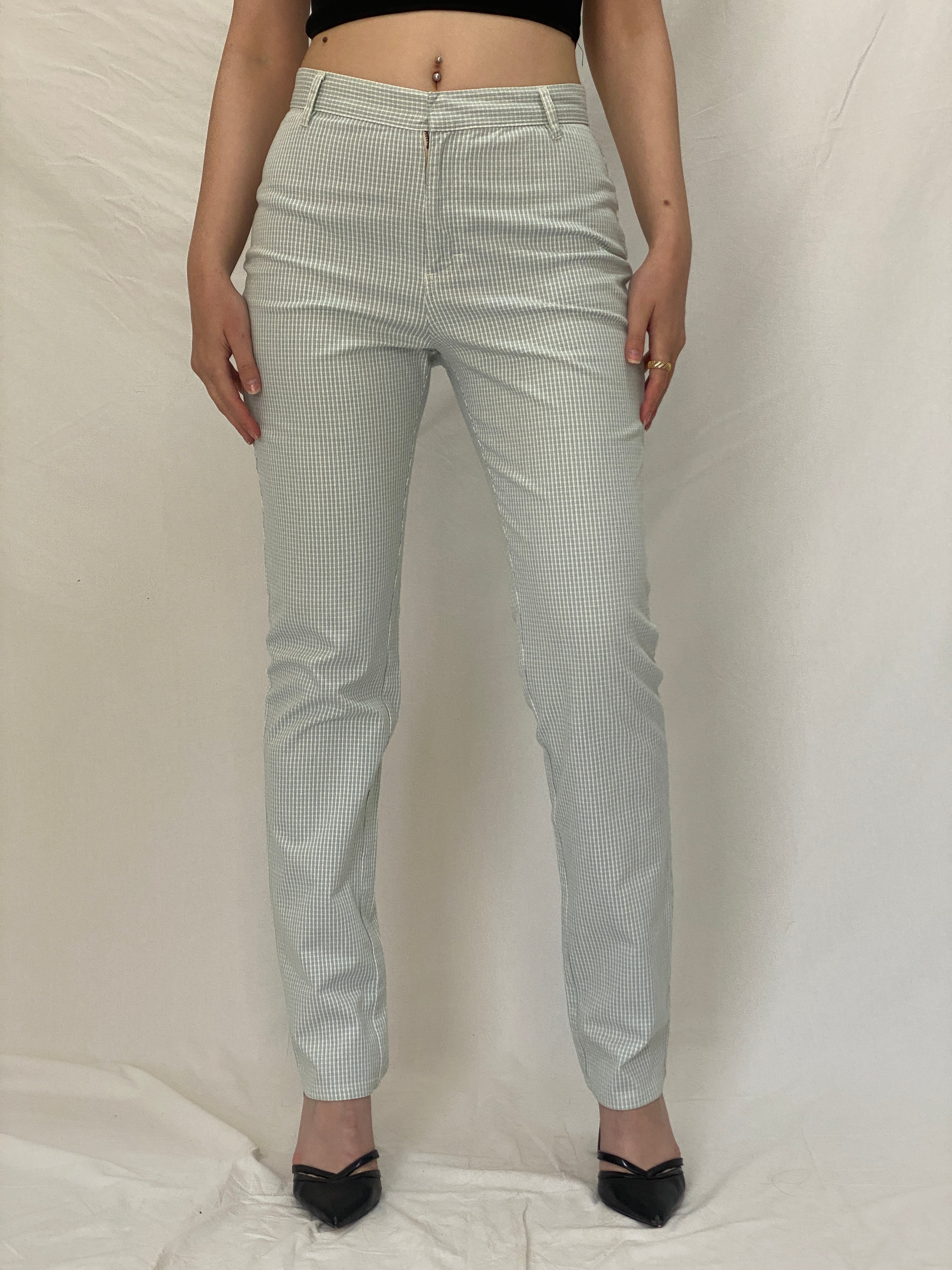 Calvin Klein Checkered Denim Pants Green White Slim Fit Trousers - M