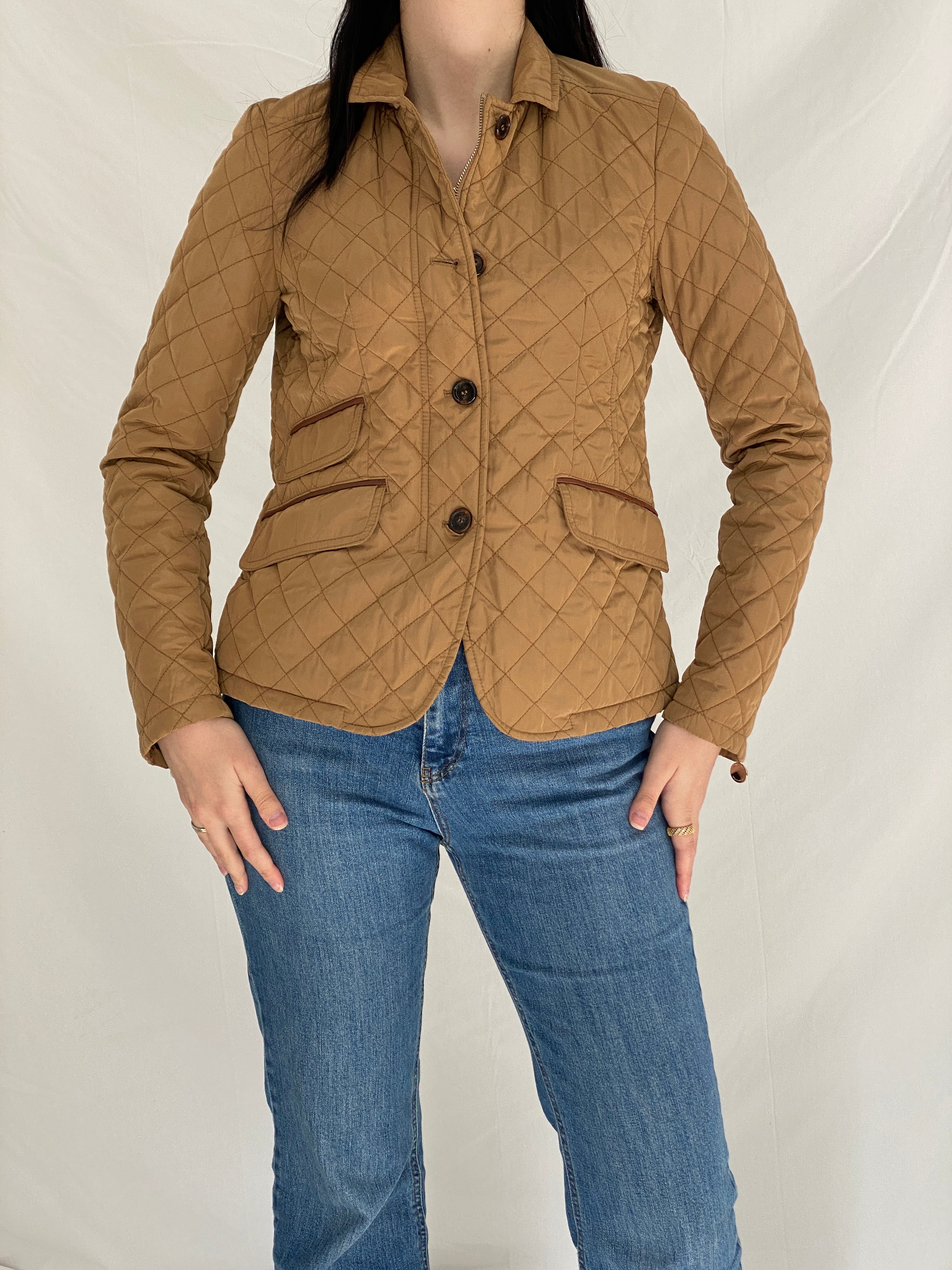 Massimo Dutti Camel Quilted Riding Jacket Fitted Equestrian Diamond Stitch Jacket - S