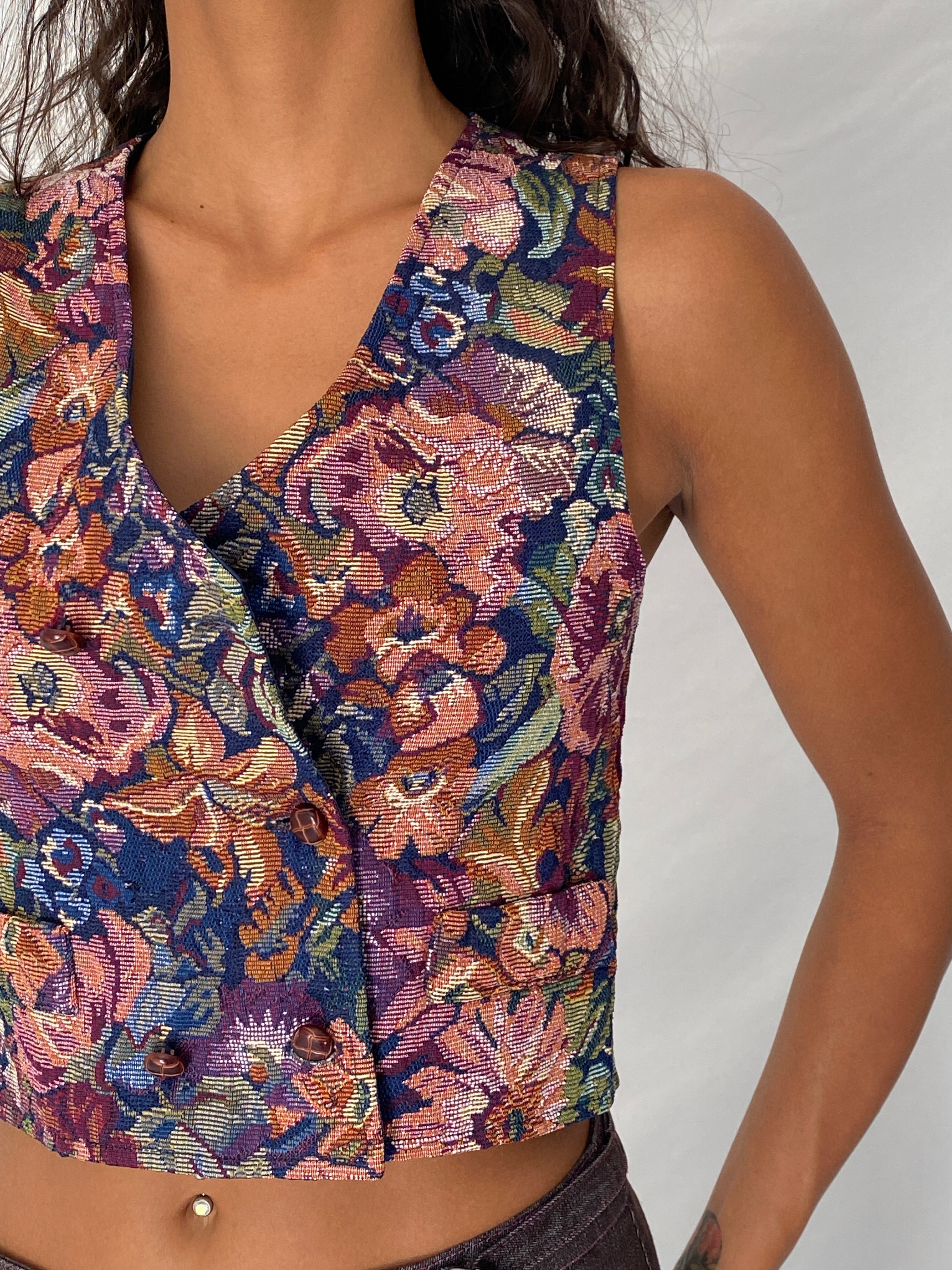 Vintage 90s In Design Multicolor Floral Tapestry Cropped Waistcoat Vest - S