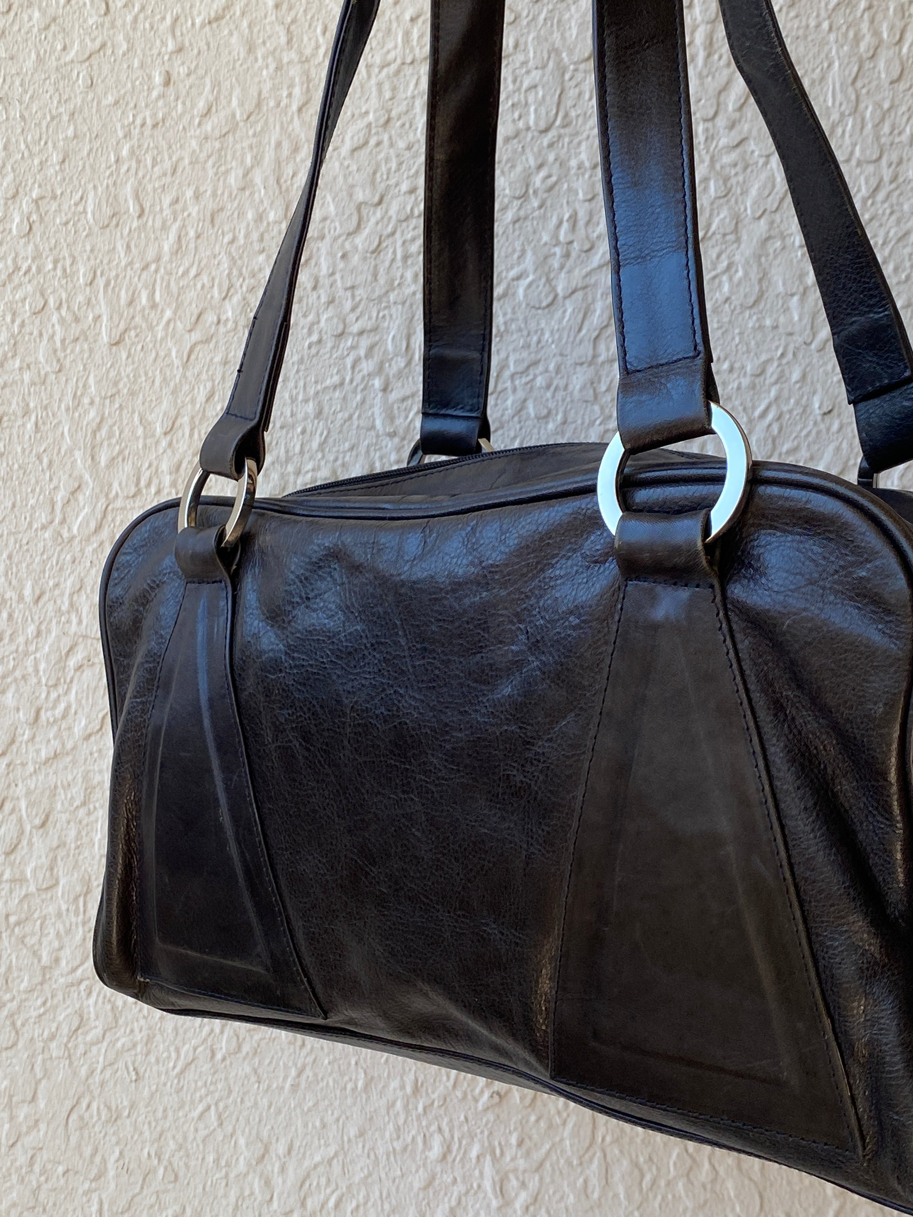 Vintage Black Faux Leather Studded Bowling Shoulder Bag