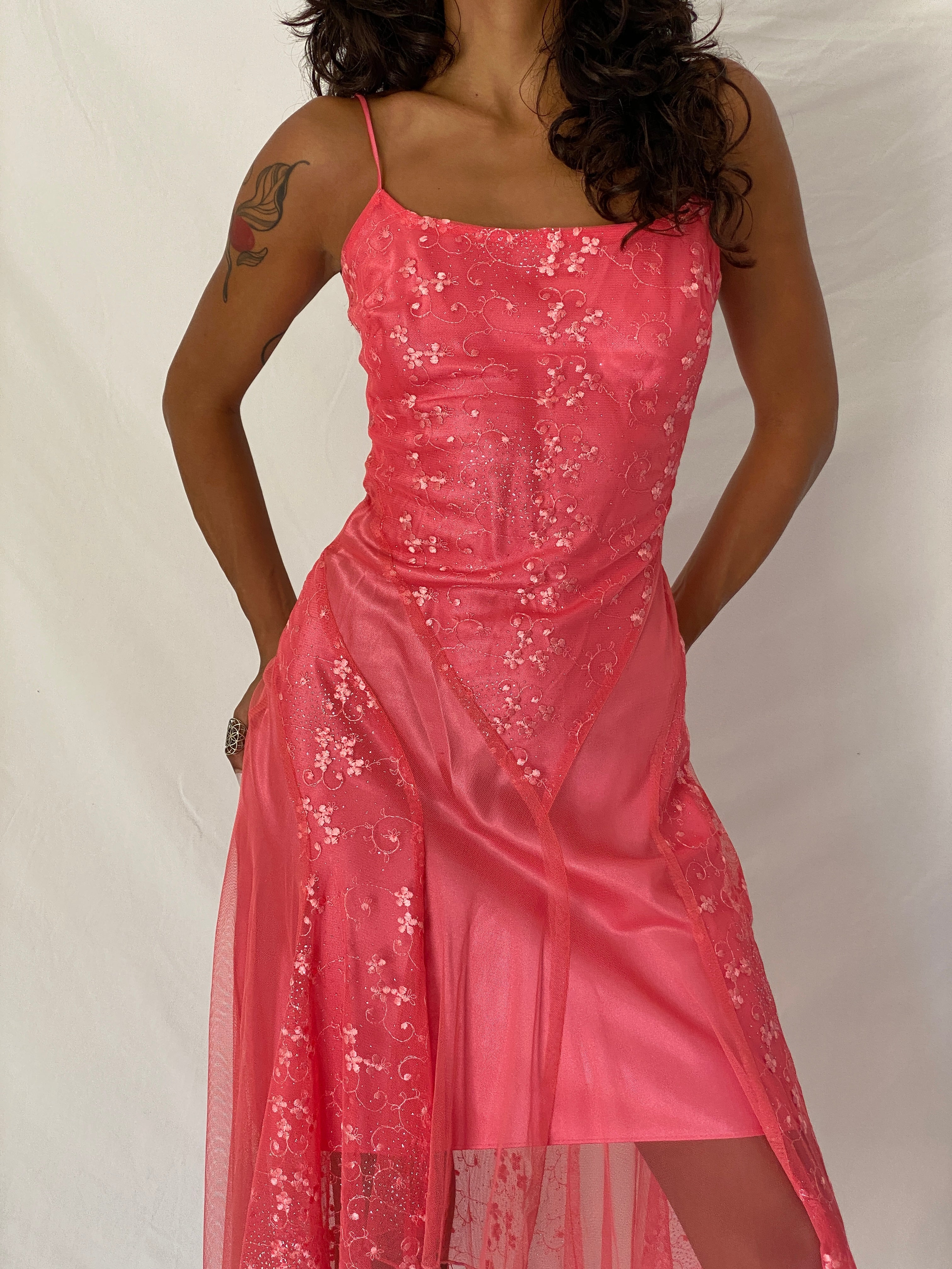 Vintage Y2K Eureka USA Hot Pink Embroidered Glitter Mesh High-Low Dress - XS