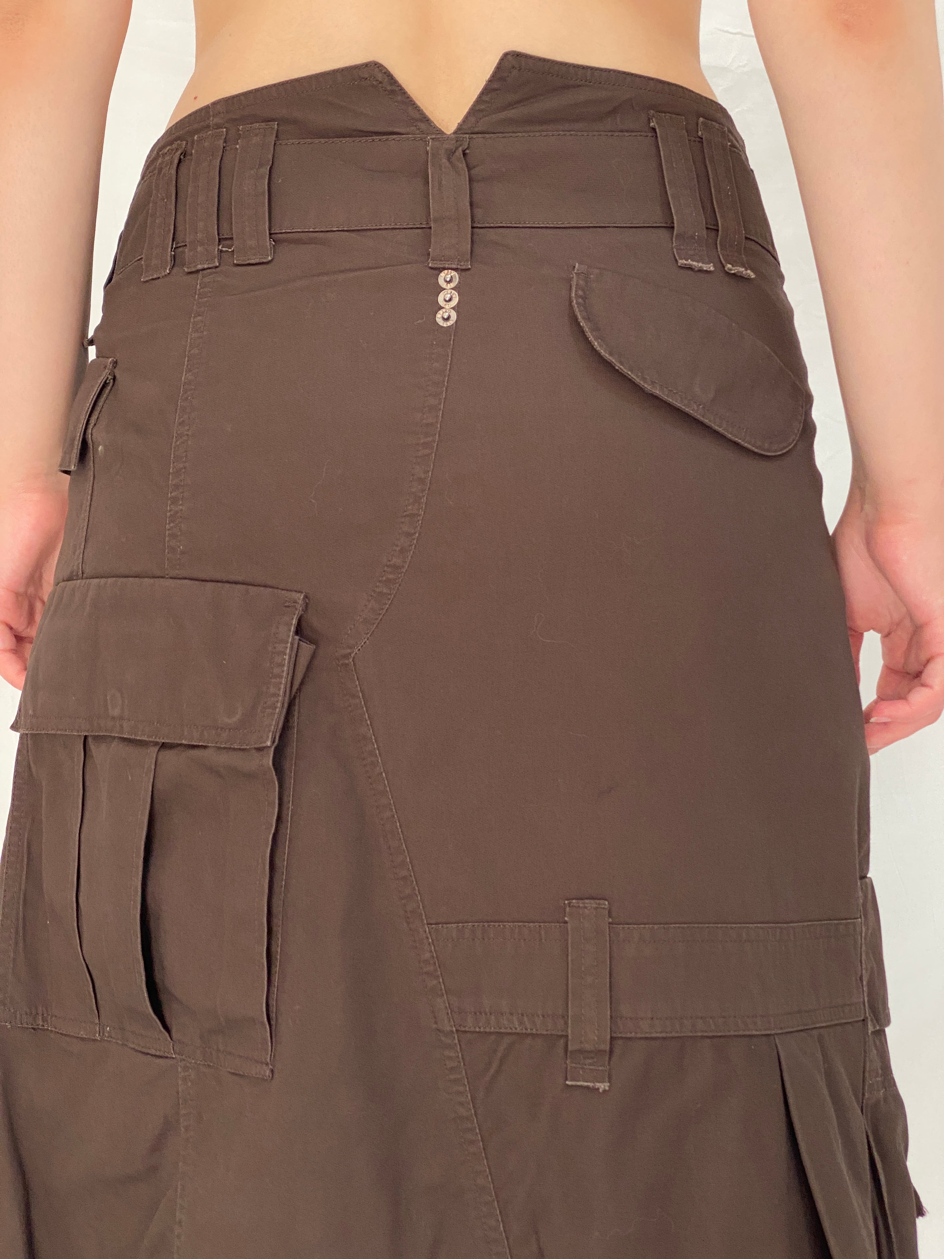 Vintage IKKS Brown Utility Wrap Asymmetric Cargo Midi Skirt – M