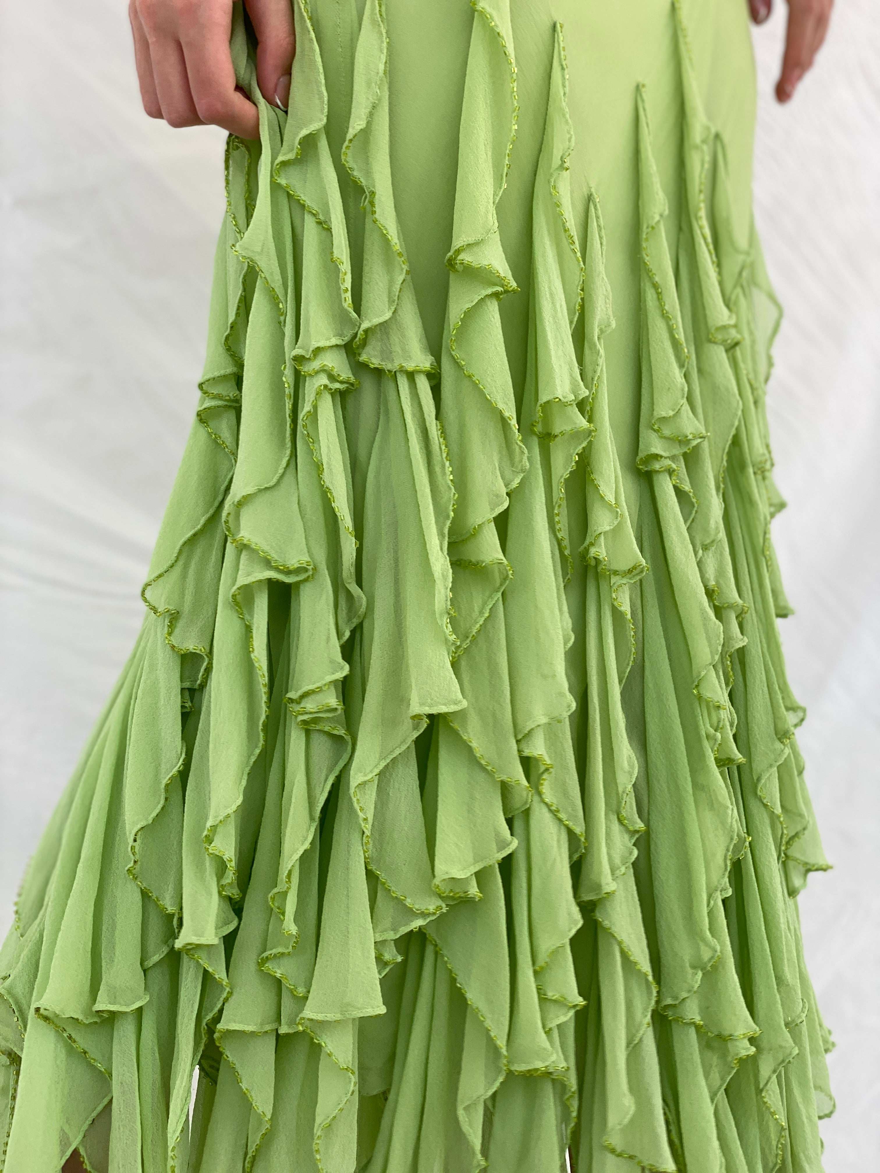 Beautiful Vintage Cici B Silk Lime Beaded Ruffle Bottom Lime Maxi Dress - M - Balagan Vintage Maxi Dress 00s, 90s, formal gown, gown, maxi dress, Mira, NEW IN, Wedding Guest