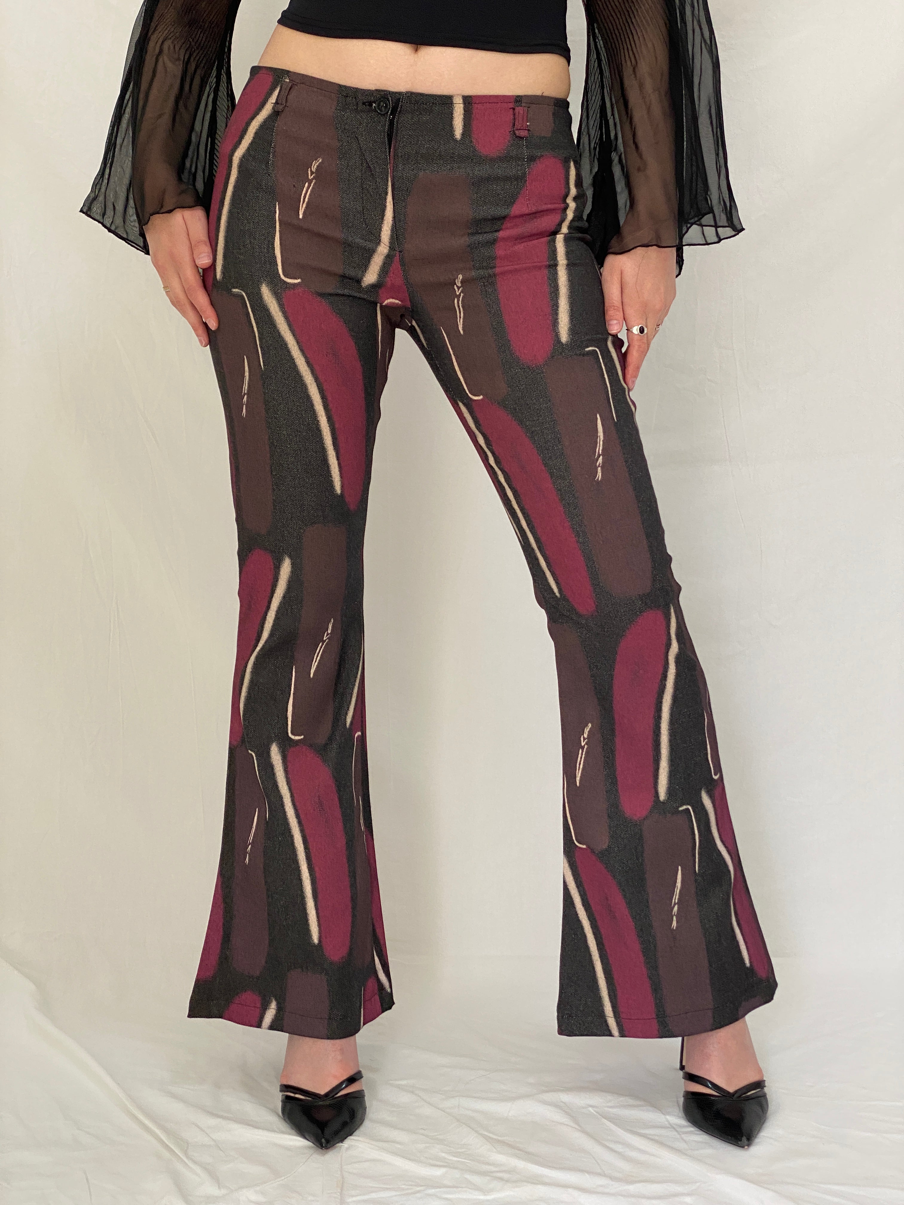 Vintage RECHE Abstract Art Flared Brown Burgundy Graphic Denim Pants - 38EU