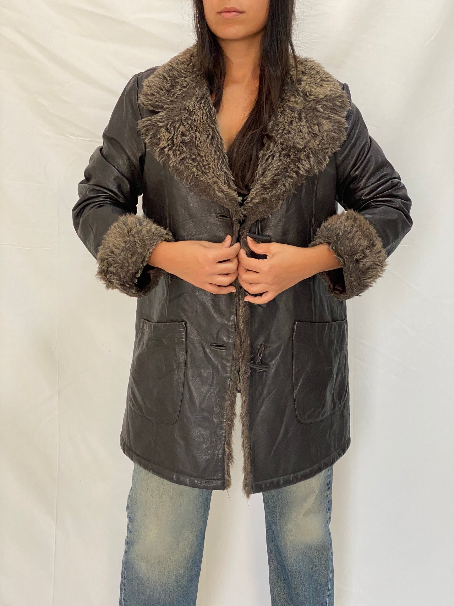 Vintage Genuine Leather Coat with Faux Fur Collar & Cuffs 70s Style Shearling Lined Brown Jacket - XL